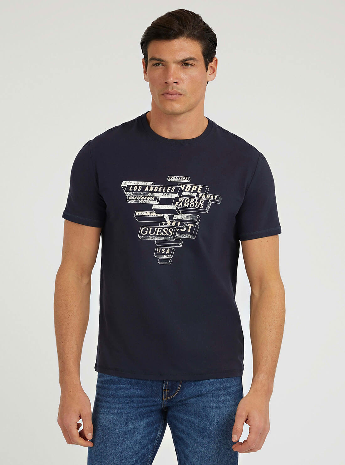 Navy Blue Abstract Triangle Logo T-Shirt | GUESS men's Apparel | front view