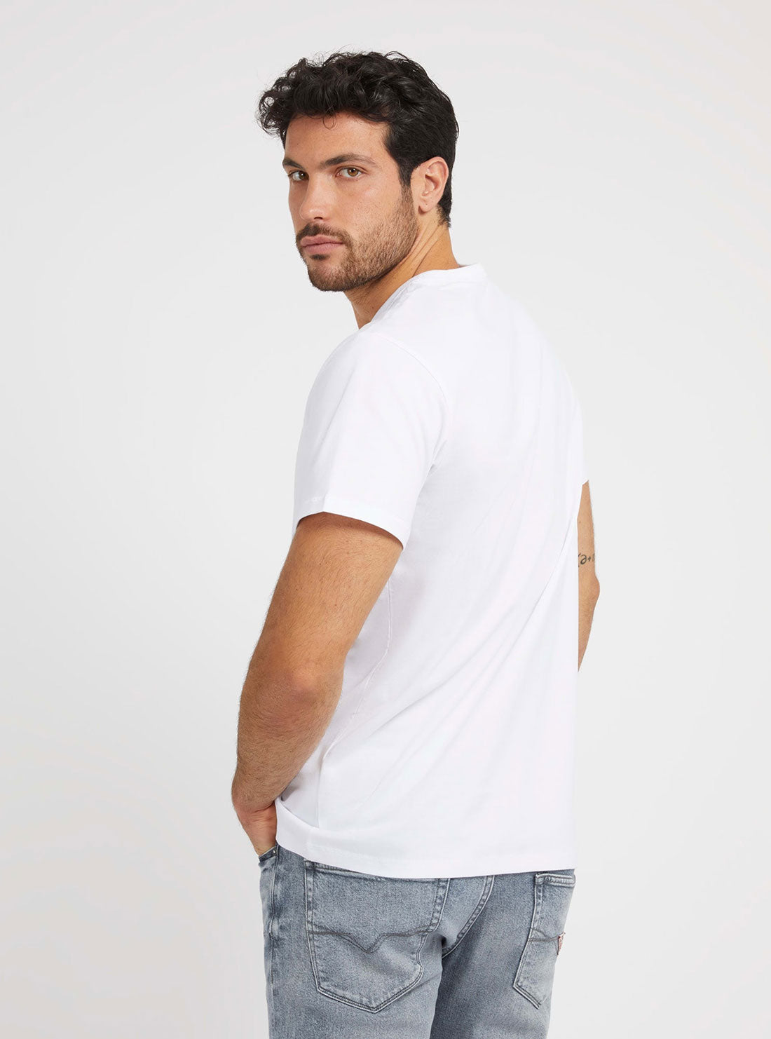 White Logo Embroidered T-Shirt | GUESS Men's | back view