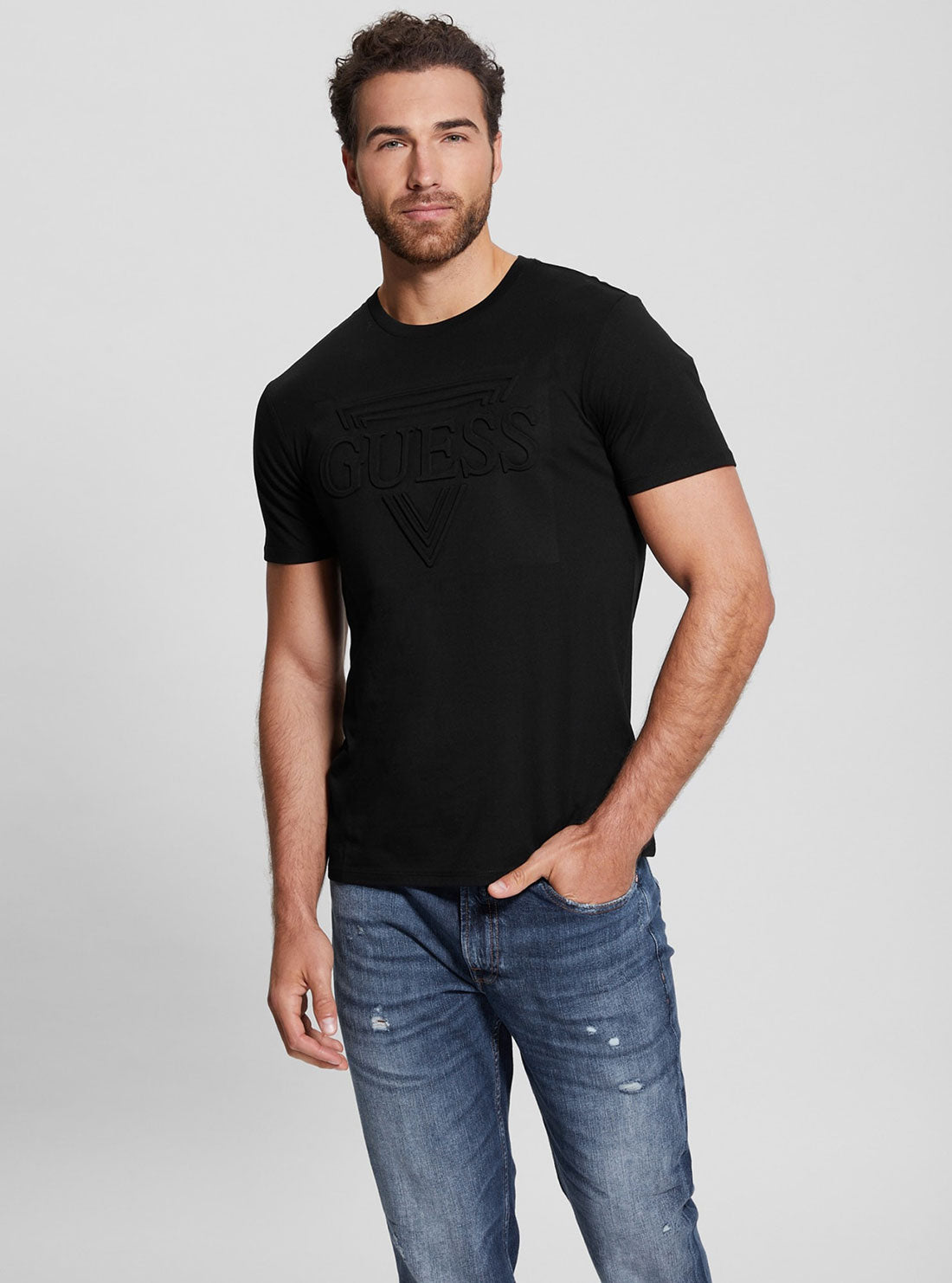 Eco Black Embossed Logo T-Shirt | GUESS Men's | Front view