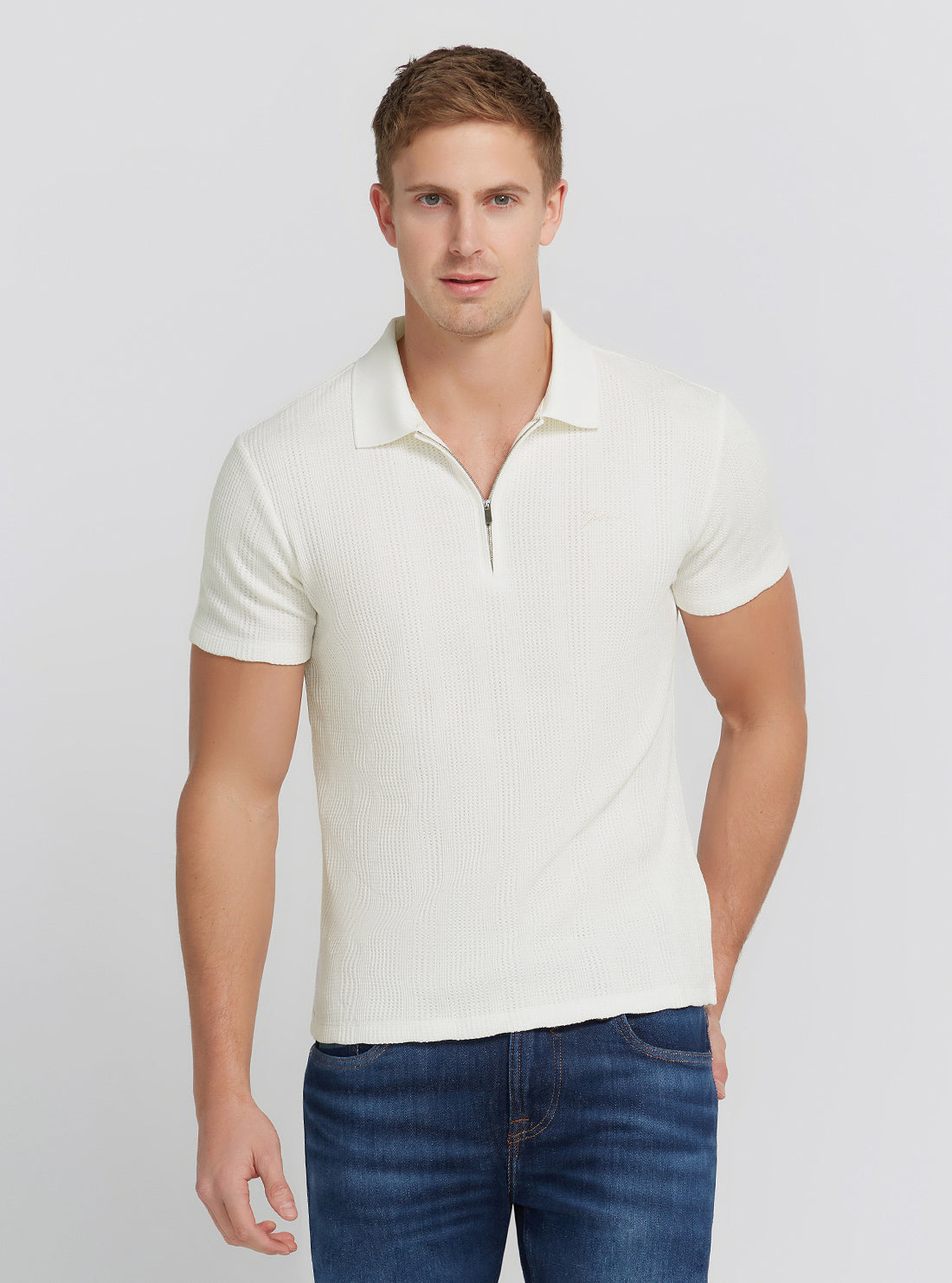 White Joshua Knit Polo T-Shirt | GUESS Men's | Front view