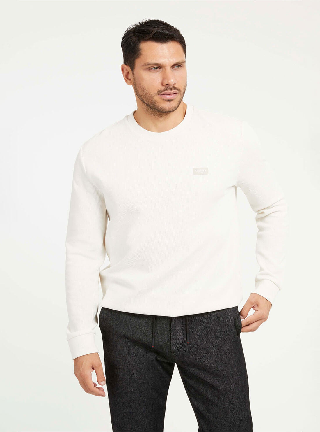 White Stretch Long Sleeve Jumper | GUESS Men's Apparel | front view