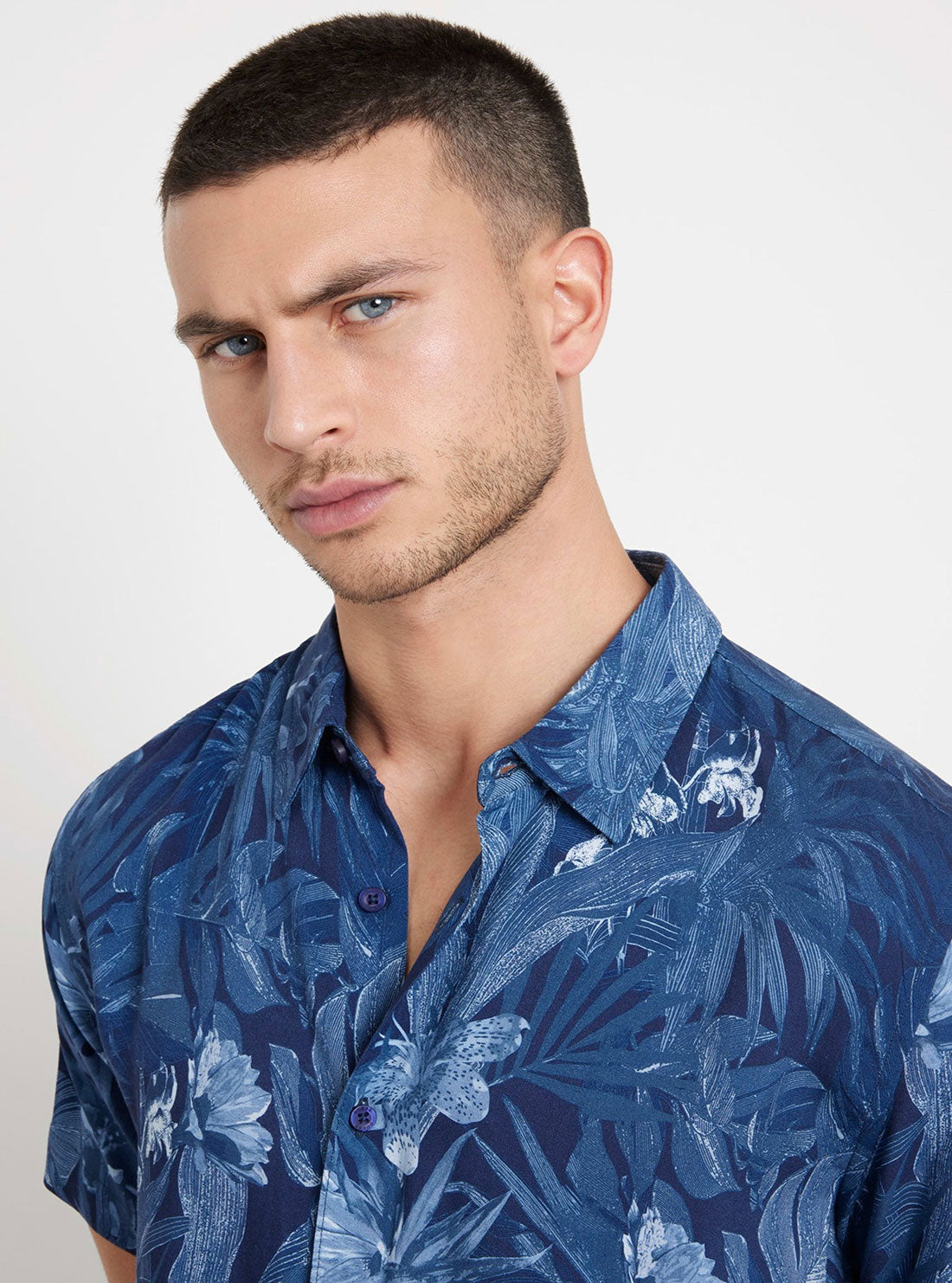 GUESS Eco Blue Tropical Short Sleeve Shirt detail view