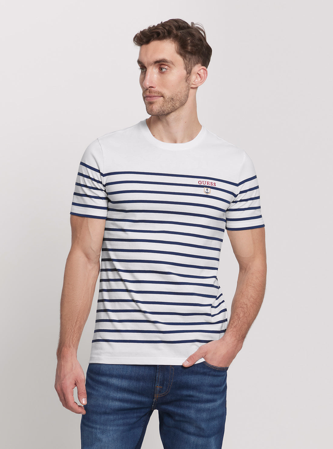 GUESS White Blue Striped Short Sleeve T-Shirt front view