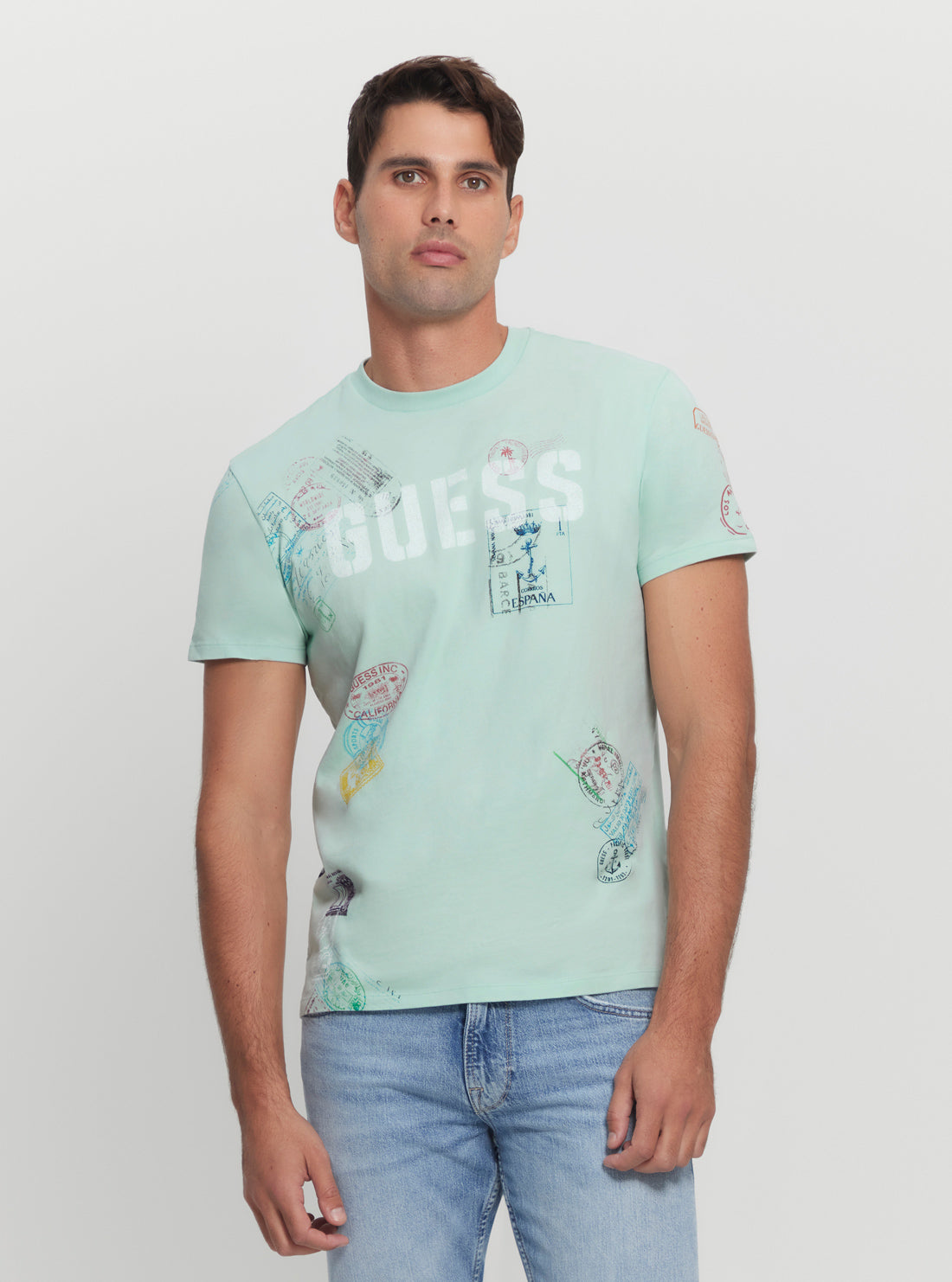 GUESS Light Blue World Stamps T-Shirt front view