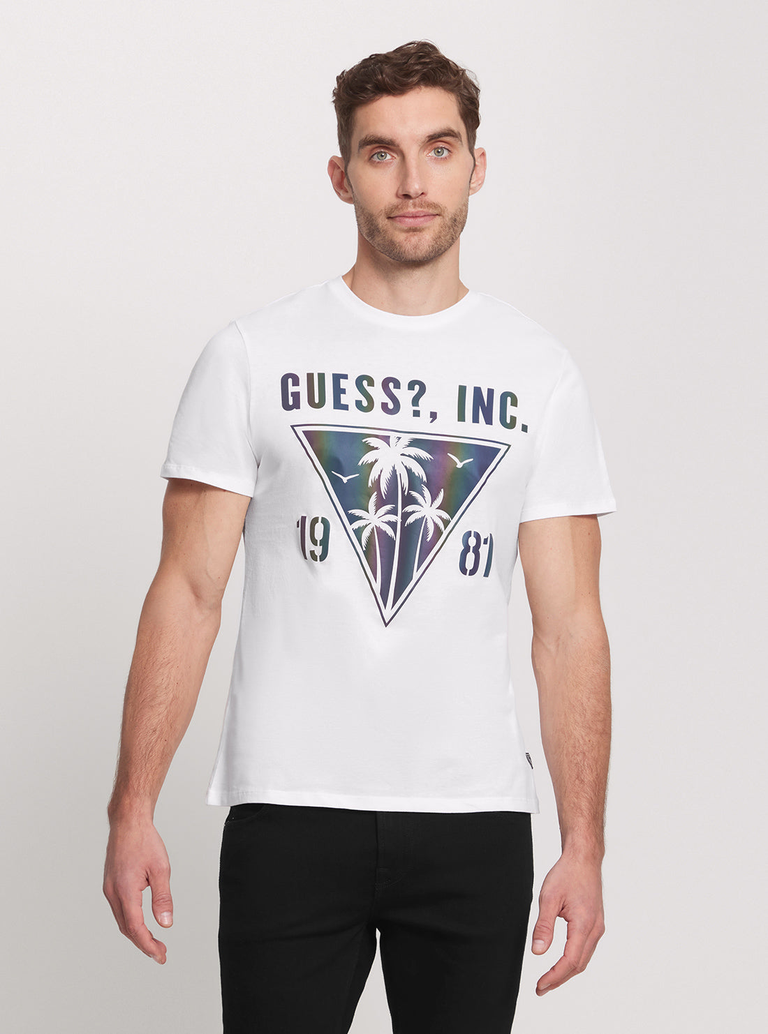 GUESS Eco White Iridescent Palms T-Shirt front view