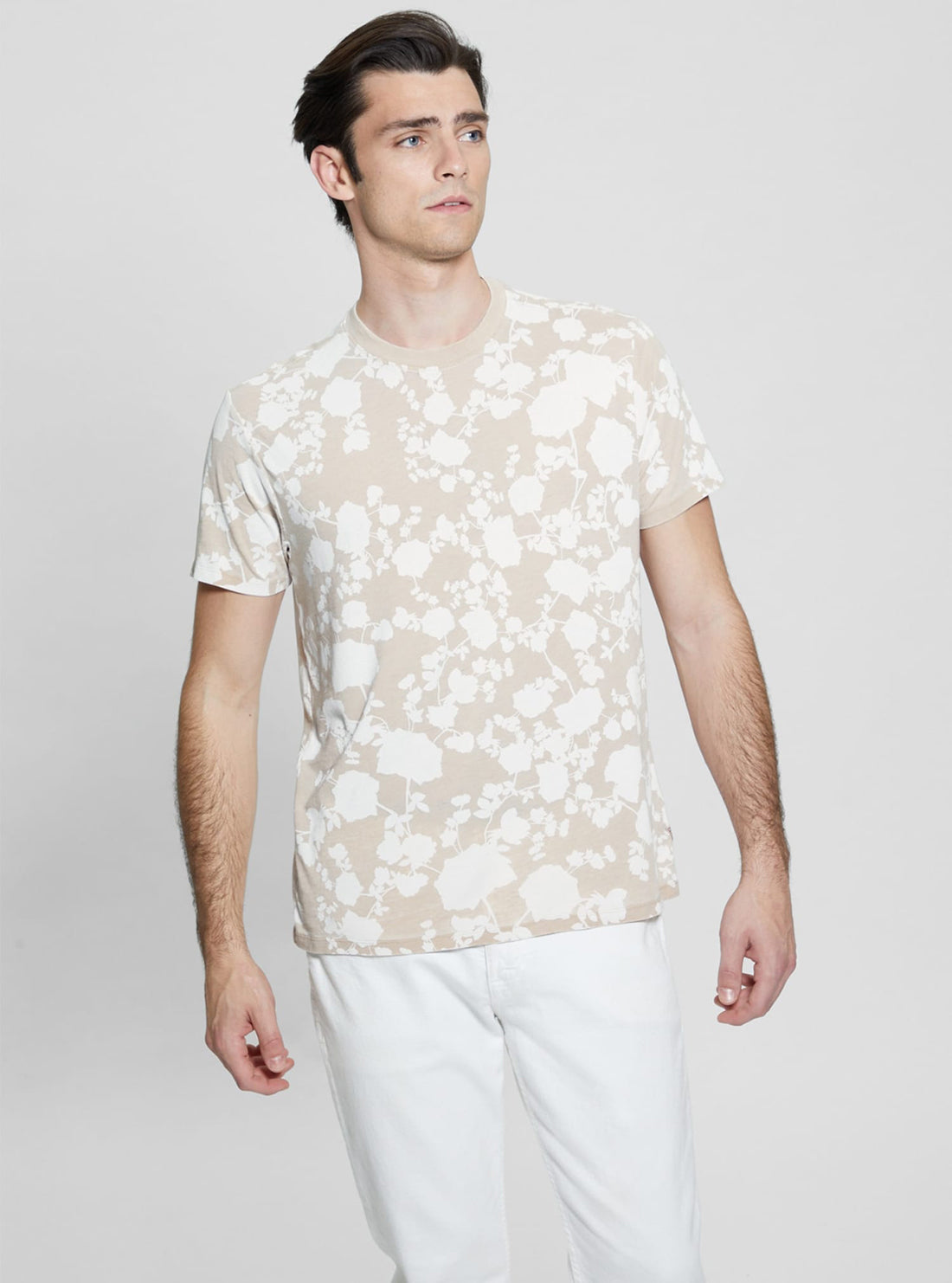 GUESS Beige Floral Burnout T-Shirt front view