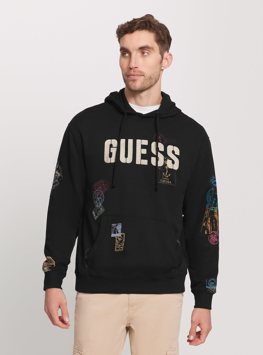 GUESS Eco Black World Stamps Hoodie Jumper front view