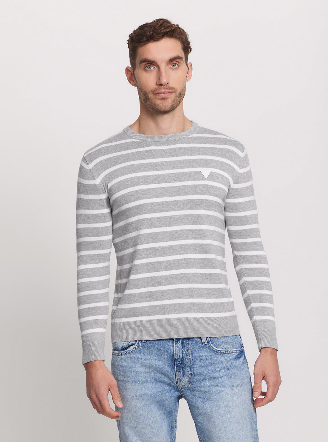 GUESS Grey Striped Long Sleeve Knit Top front view