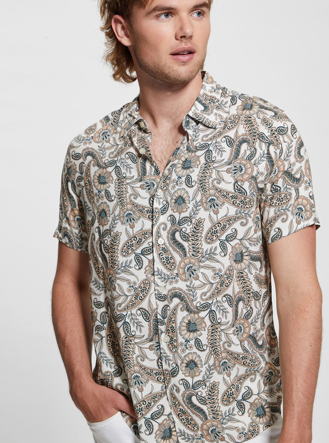 GUESS Eco Floral Print Paisley Short Sleeve Shirt detail view