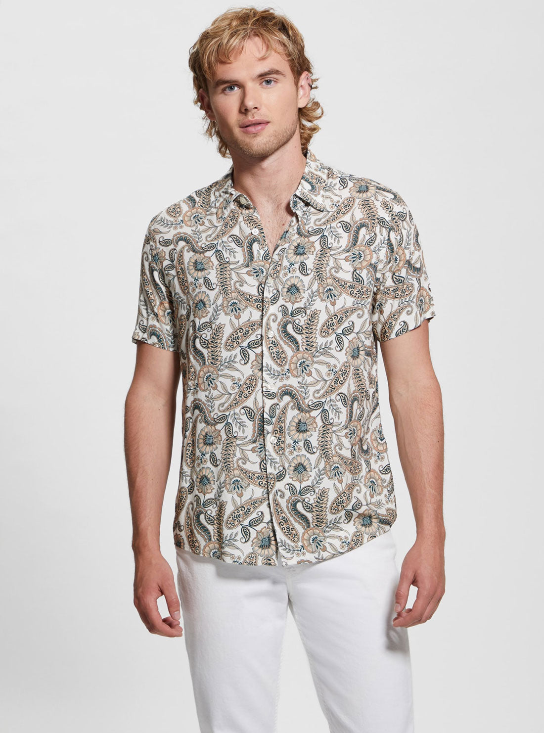 GUESS Eco Floral Print Paisley Short Sleeve Shirt front view