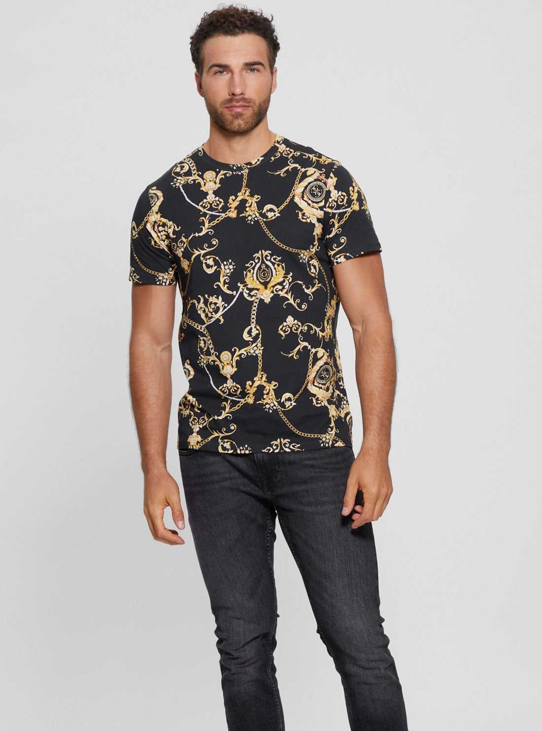 GUESS Black Gold Chain Print T-Shirt front view