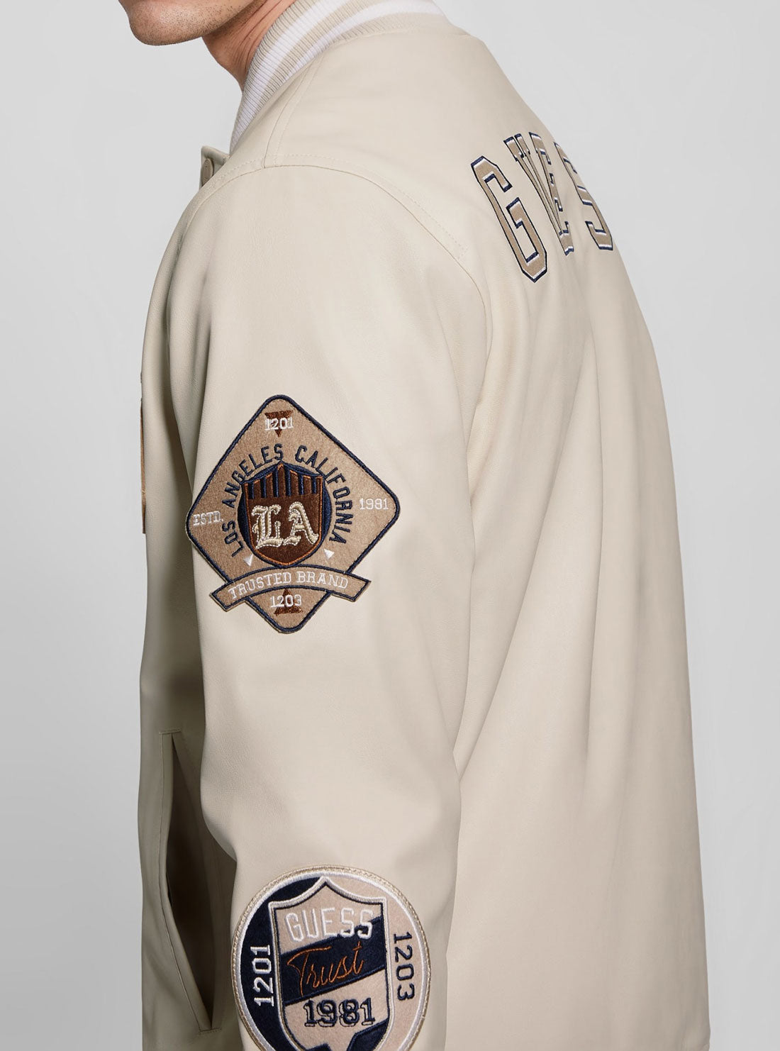 GUESS Beige Varsity Bomber Jacket side view