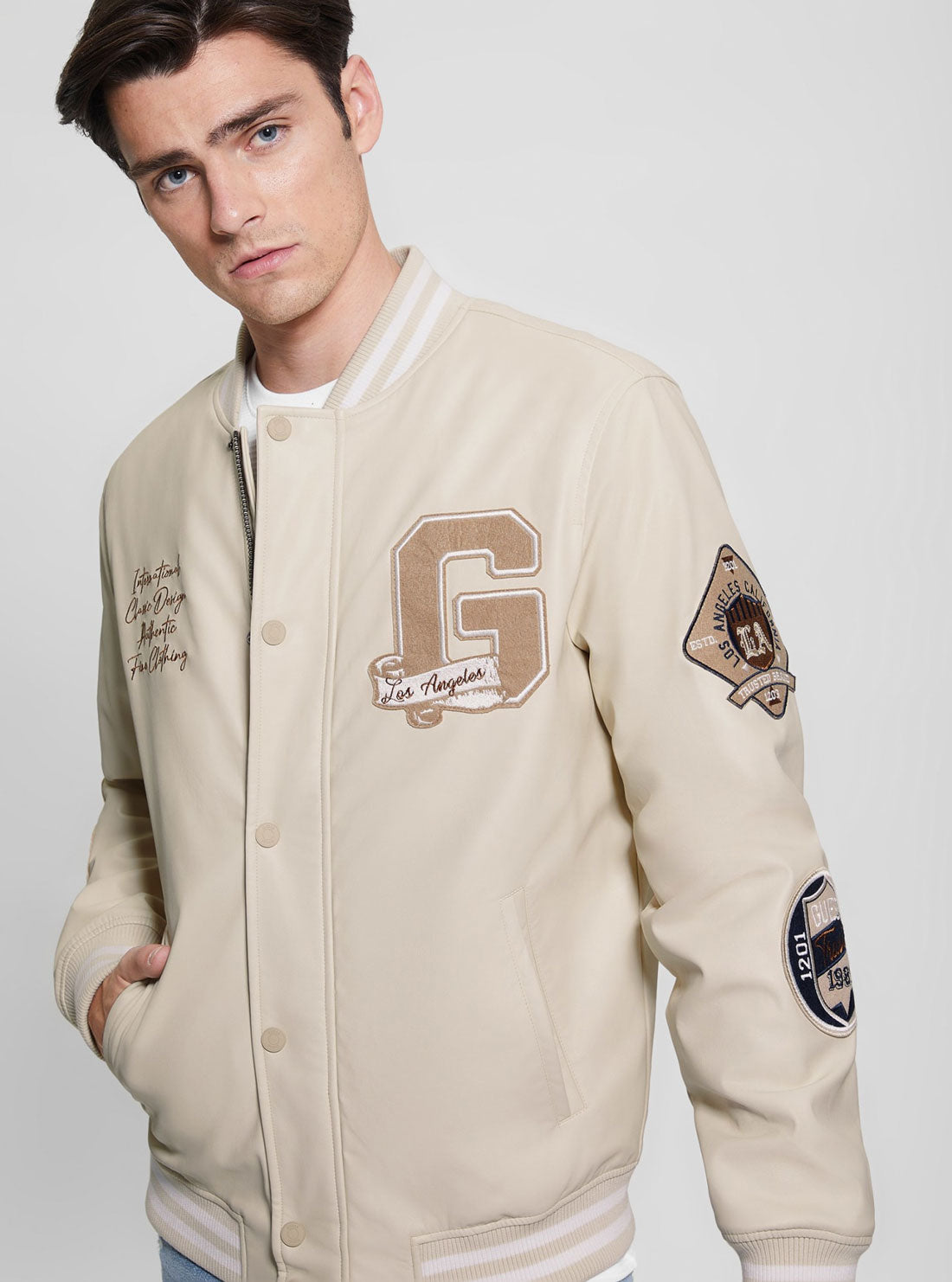 GUESS Beige Varsity Bomber Jacket detail view