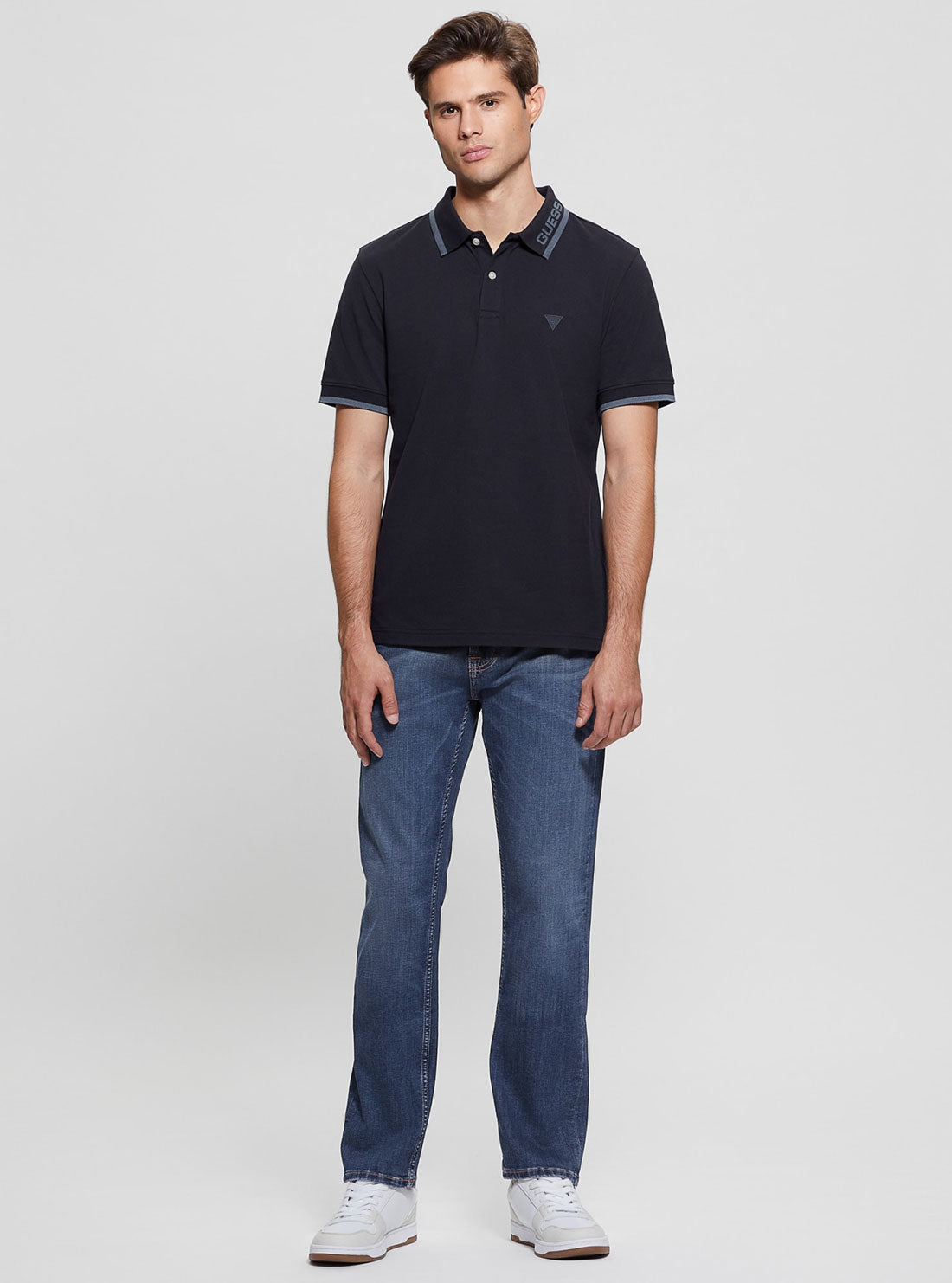 GUESS Eco Navy Lyle Short Sleeve Polo T-Shirt front view