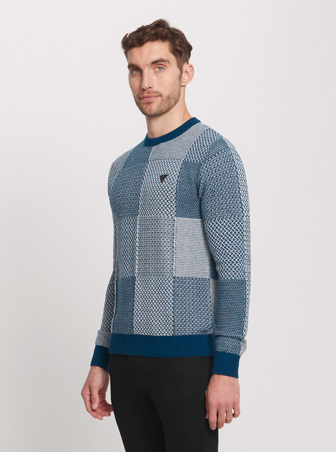 GUESS Blue Bridger Patchwork Knit Jumper front view