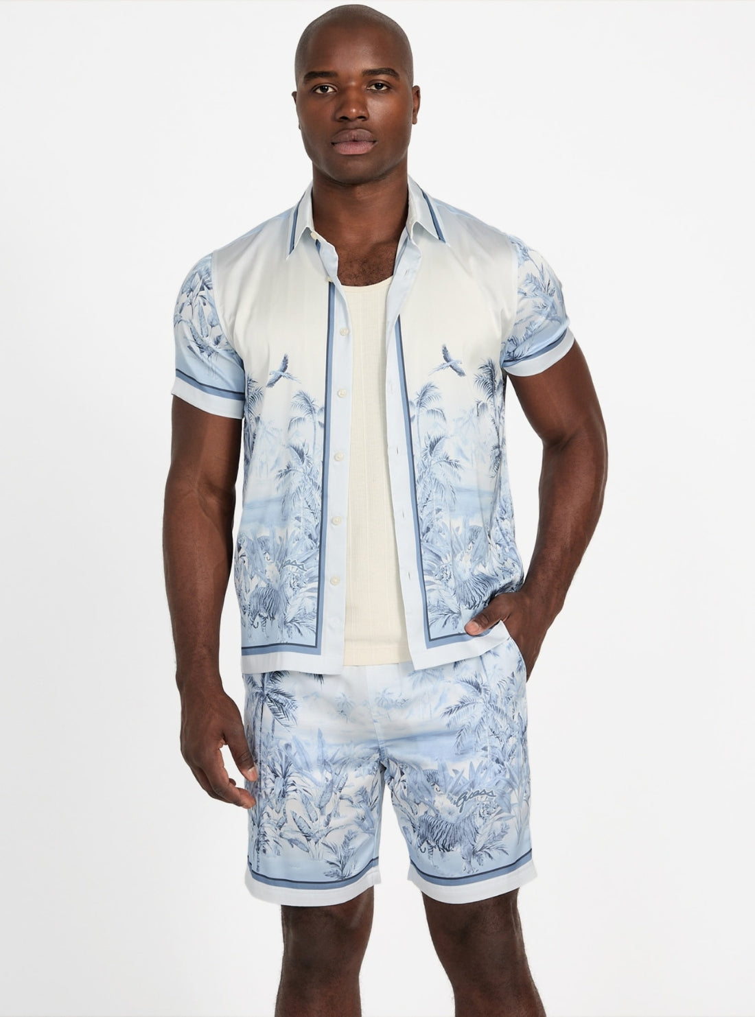 GUESS Mens Blue Charm Big Cat Graphic Shirt M4YH39WF1T2 Front View