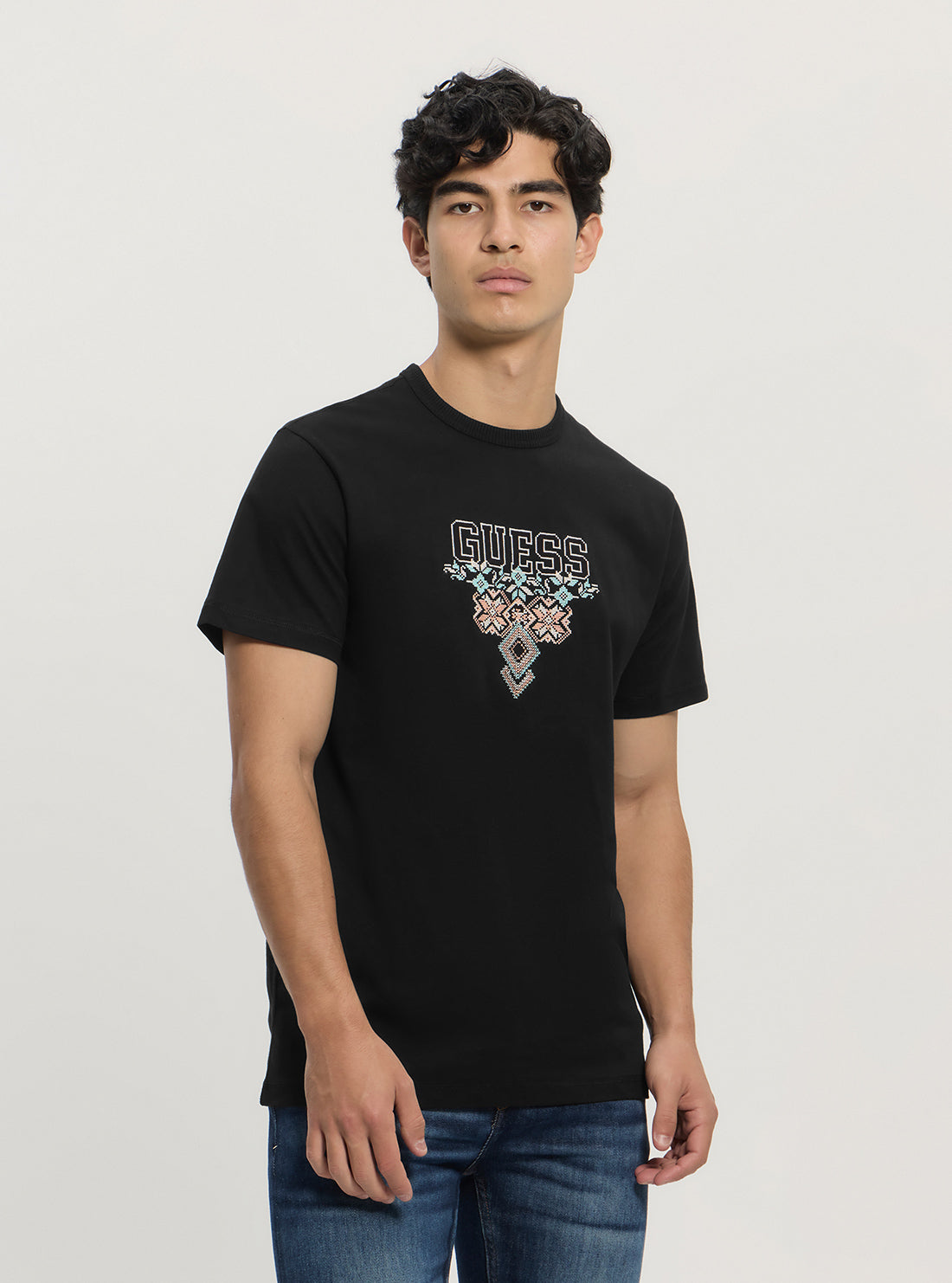 GUESS Mens Black Regular Fit Triangle Logo T-Shirt M5GI11K8FQ4 Front Side View