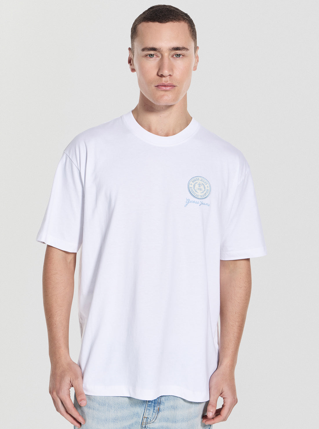 Guess Jeans White Oversized Embroidery Patch T-Shirt M5GI56K8FQ4 Front View