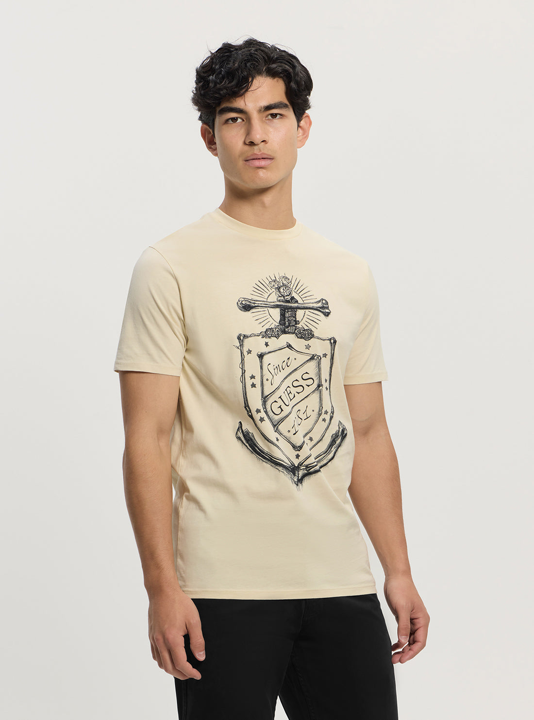 GUESS Mens Beige Basic Deep Sea Logo T-Shirt Front Side View