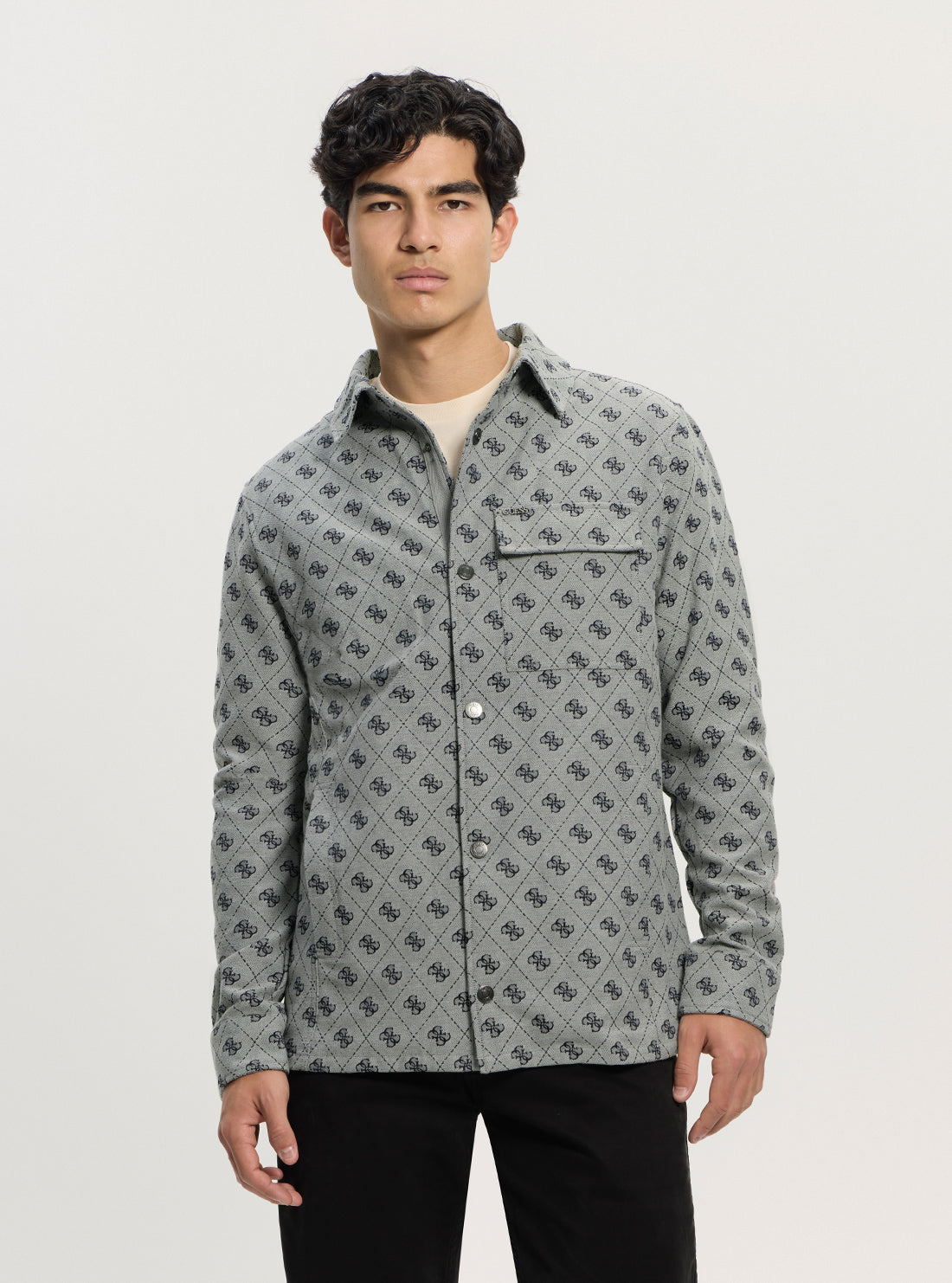 GUESS Mens Blue Logo Monogram Shirt Jacket M5GL30WGUE0 Front View