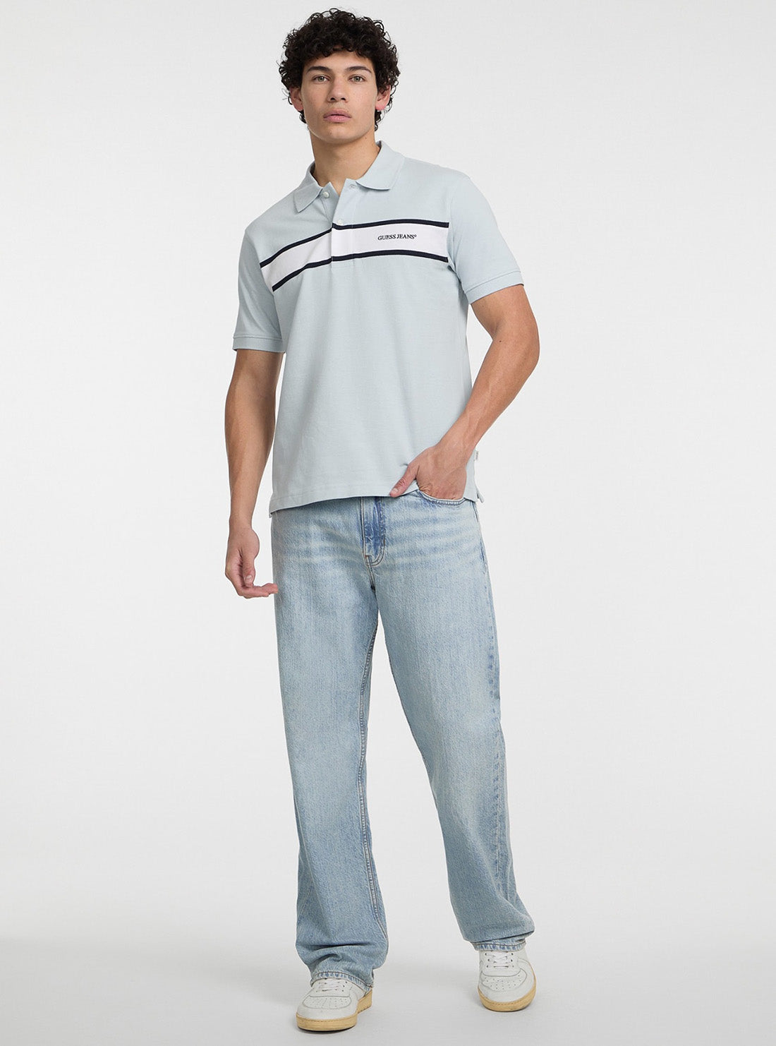 Guess Jeans Blue Striped Embroidered Polo Shirt M5GP29KCJV1 Full View