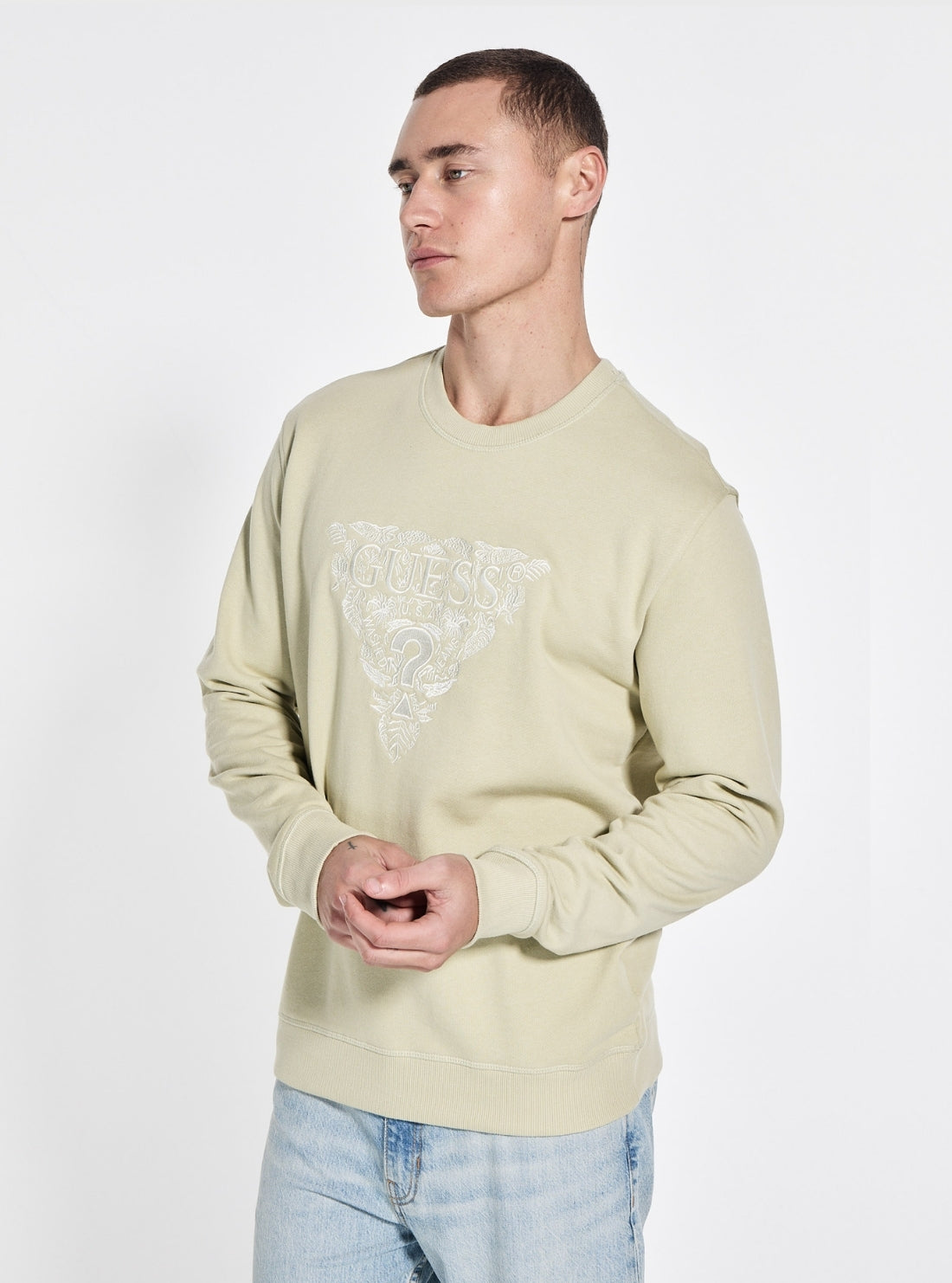 GUESS Womens Green Logo Embroidered Triangle Sweatshirt M5GQ05KCS21 Front Side View