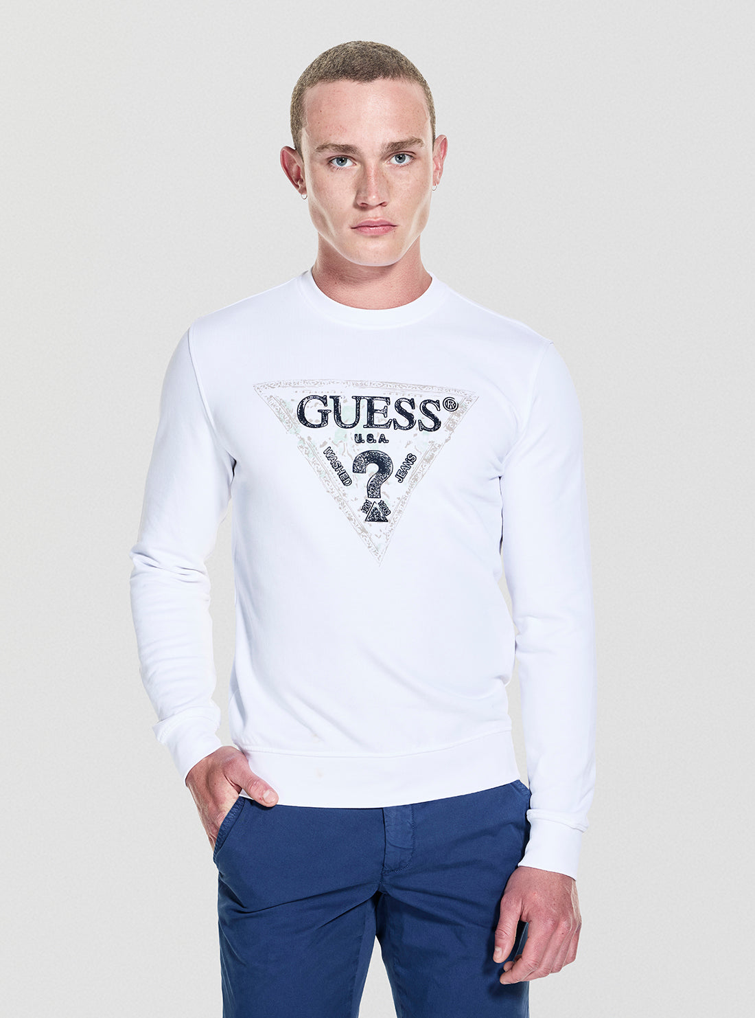GUESS Mens White Triangle Logo Sweatshirt M5YQ05K68I4 Front View