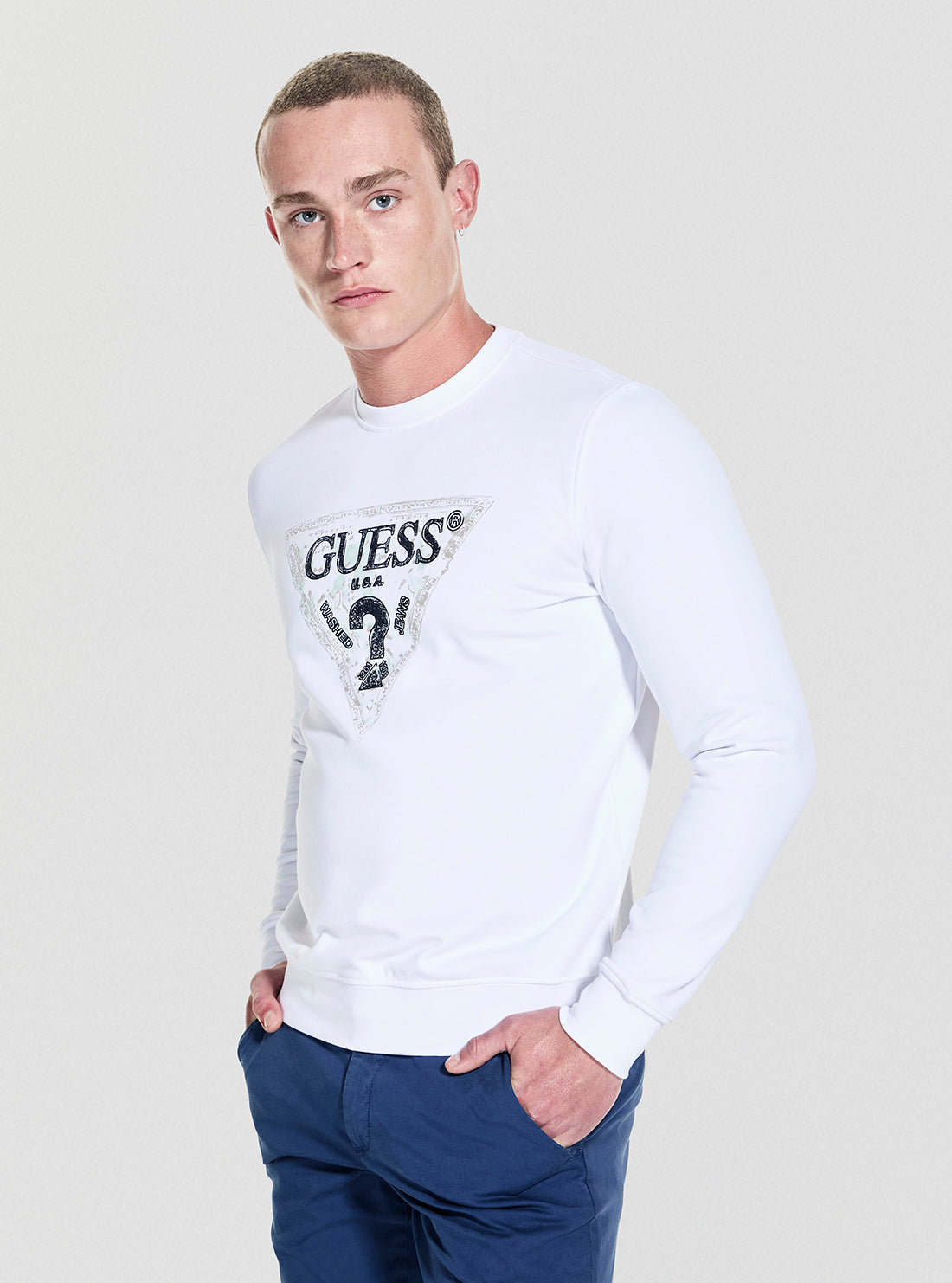 GUESS Mens White Triangle Logo Sweatshirt M5YQ05K68I4 Side View