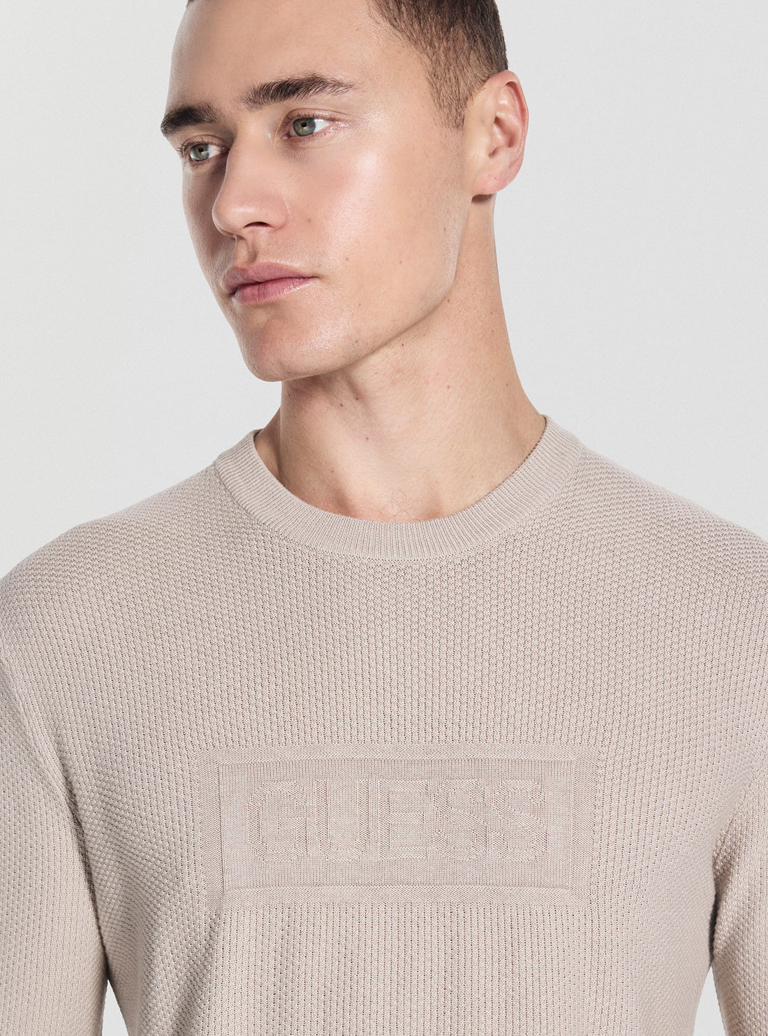 GUESS Mens Beige Harrison Stitch Logo T-Shirt M5YR02Z3FB1 Detail View