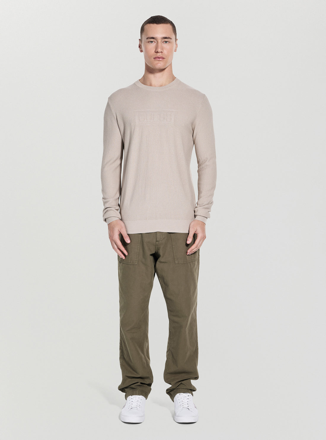 GUESS Mens Beige Harrison Stitch Logo T-Shirt M5YR02Z3FB1 Full View_2