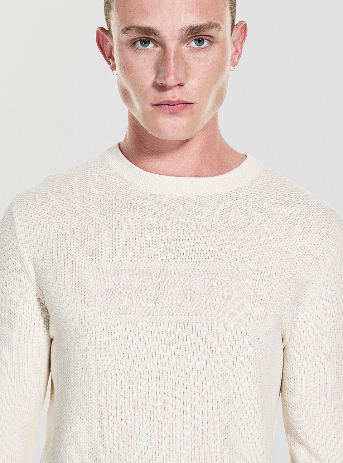 GUESS Mens White Harrison Stitch Logo Sweater M5YR02Z3FB1 Detail View