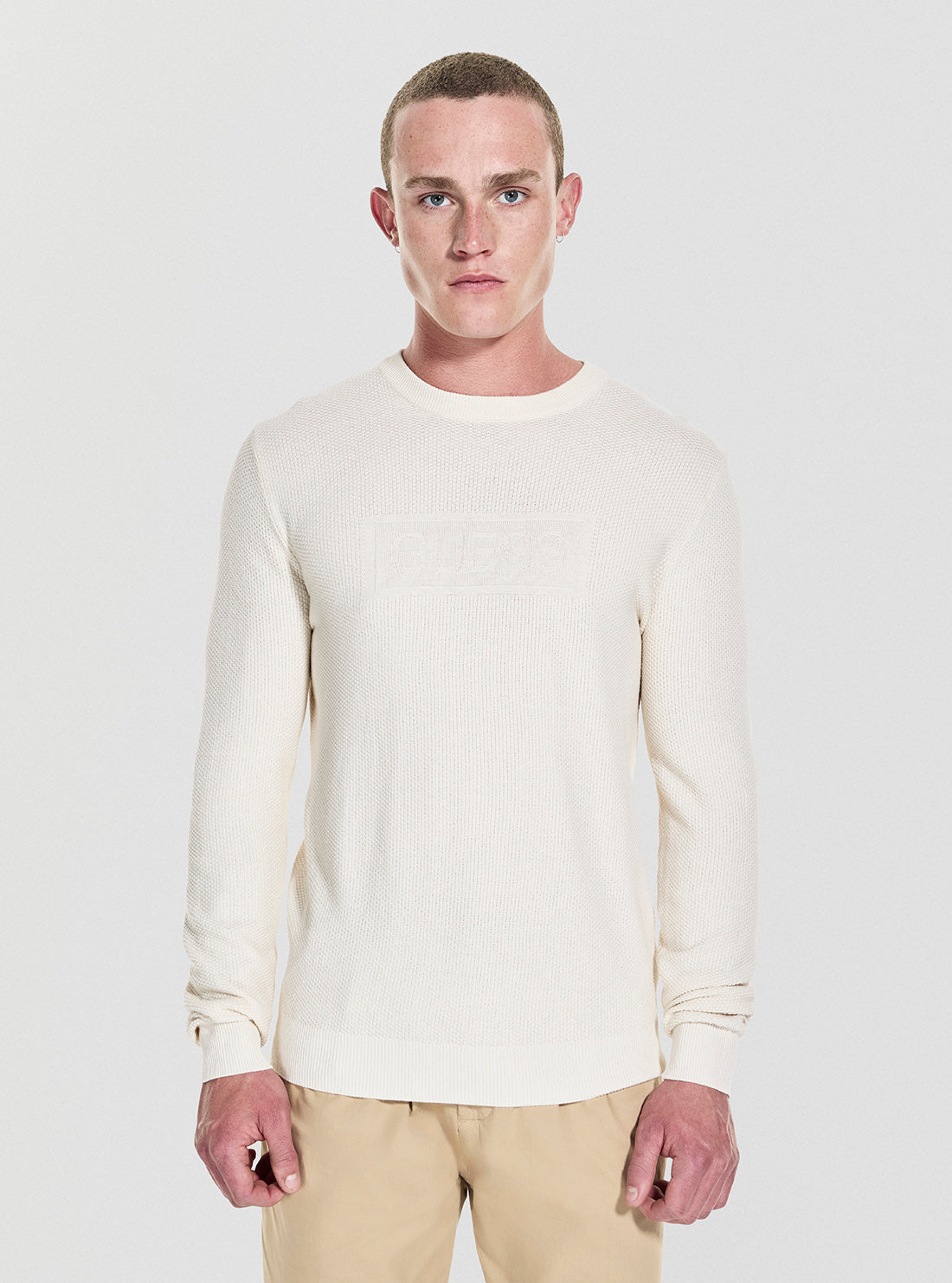 GUESS Mens White Harrison Stitch Logo Sweater M5YR02Z3FB1 Front View