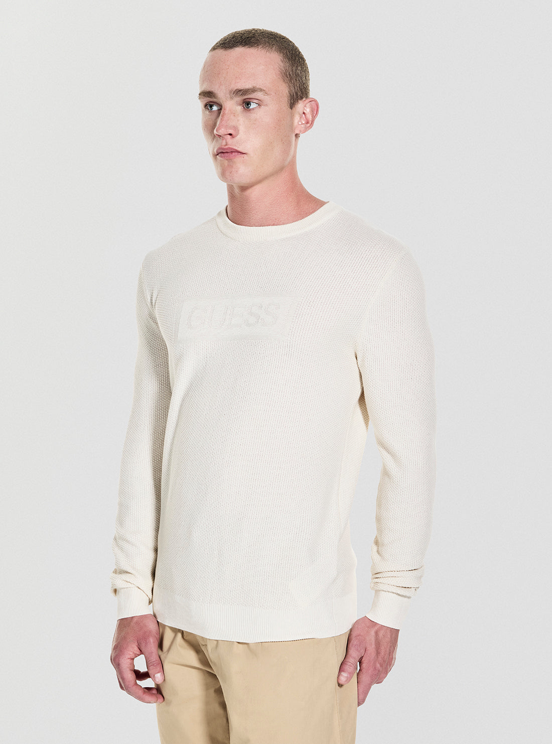 GUESS Mens White Harrison Stitch Logo Sweater M5YR02Z3FB1  Side View