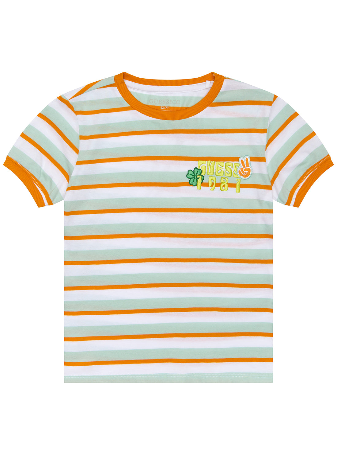 White and Orange Stripe 1981 Peace T-Shirt (2-7) | GUESS Kids | front view