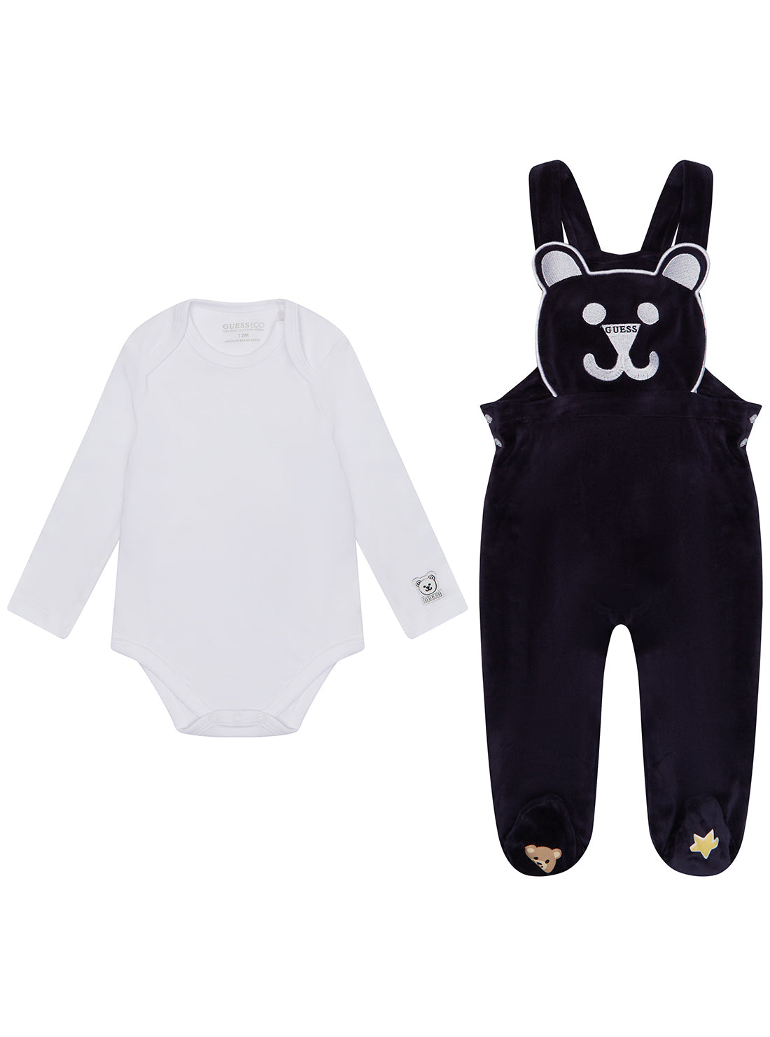 GUESS White Bodysuit and Bear Overall Set front view