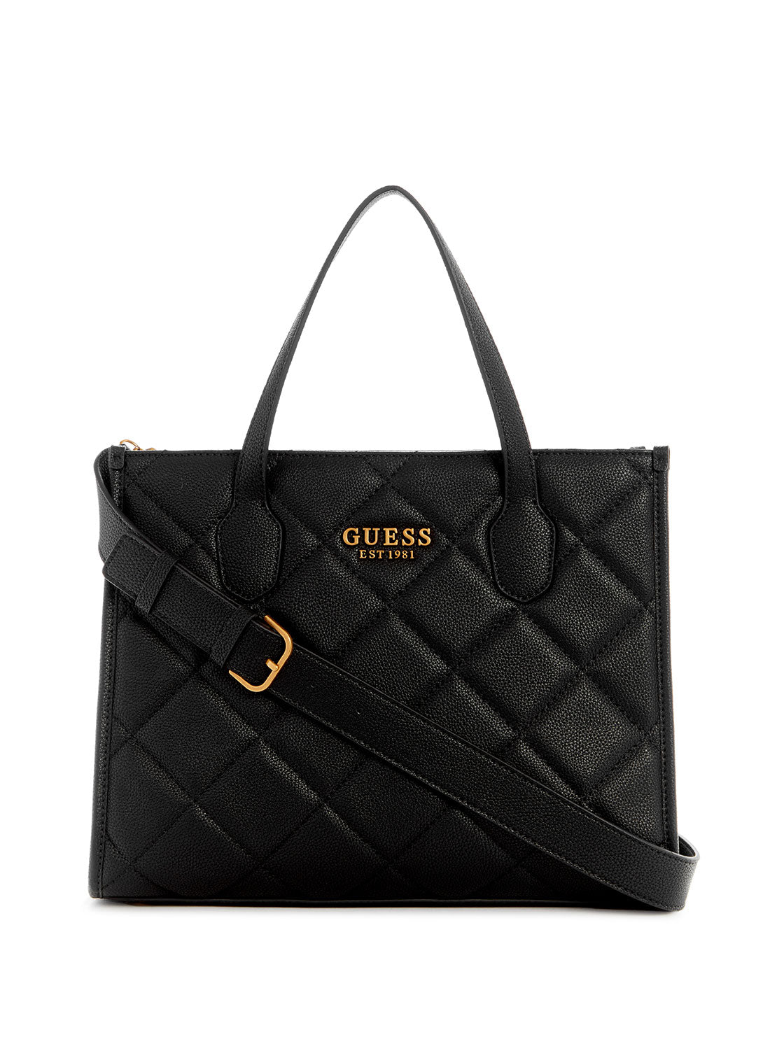 guess womens Black Quilted Silvana Tote Bag front view