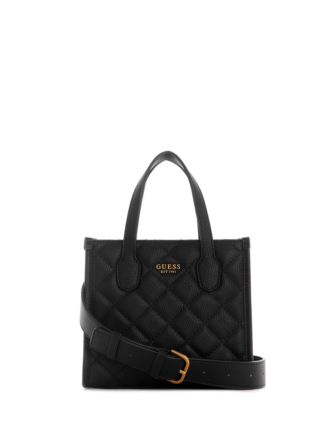 GUESS Womens Black Quilted Silvana Mini Tote Bag front view