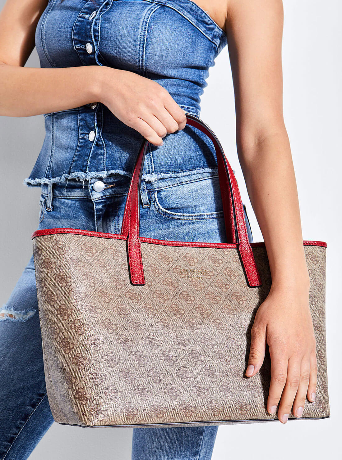 Brown Logo Vikky Tote Bag | GUESS Women's Handbags | lifestyle view