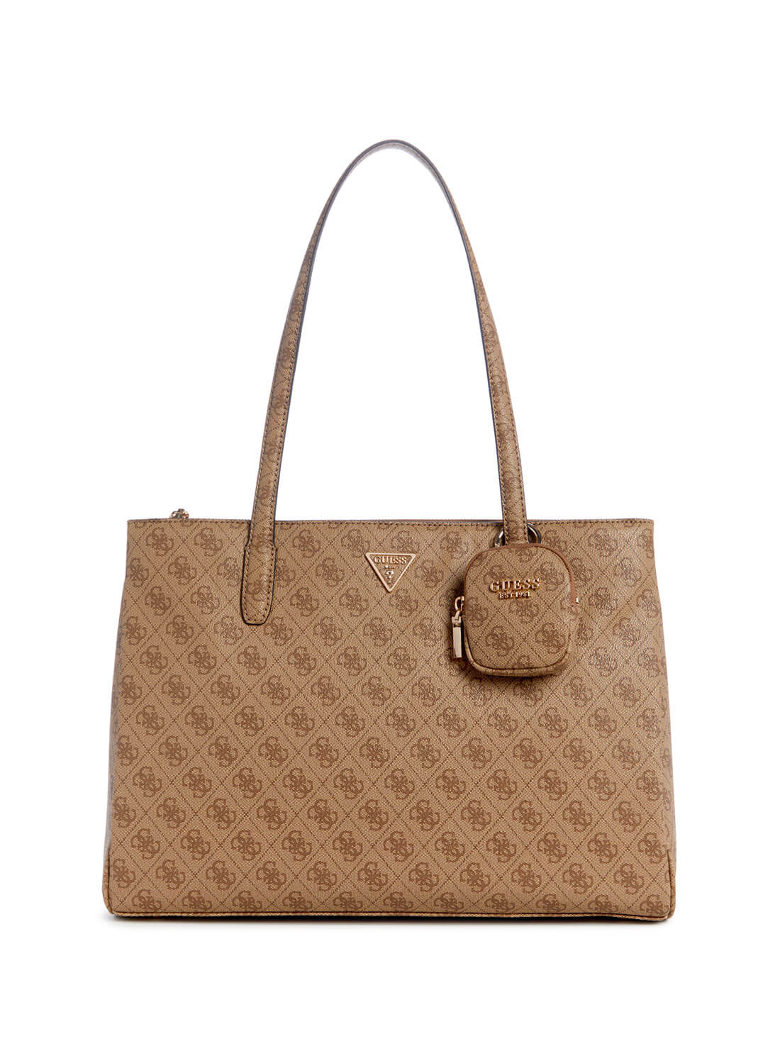 GUESS Beige Brown Logo Power Play Tote Bag front view