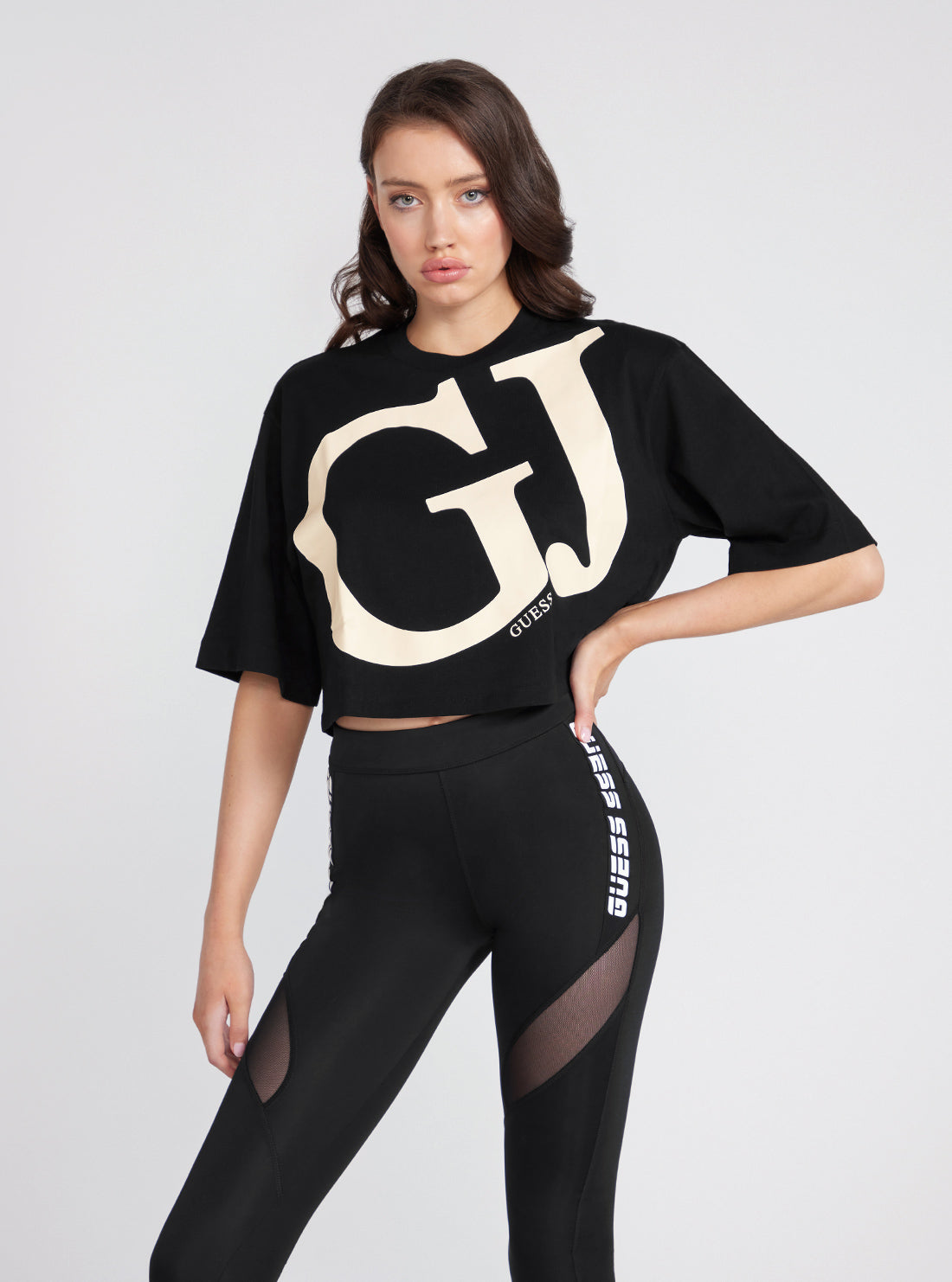 Black GJ Logo Kimono Active Crop T-Shirt | GUESS Women's Activewear | front view