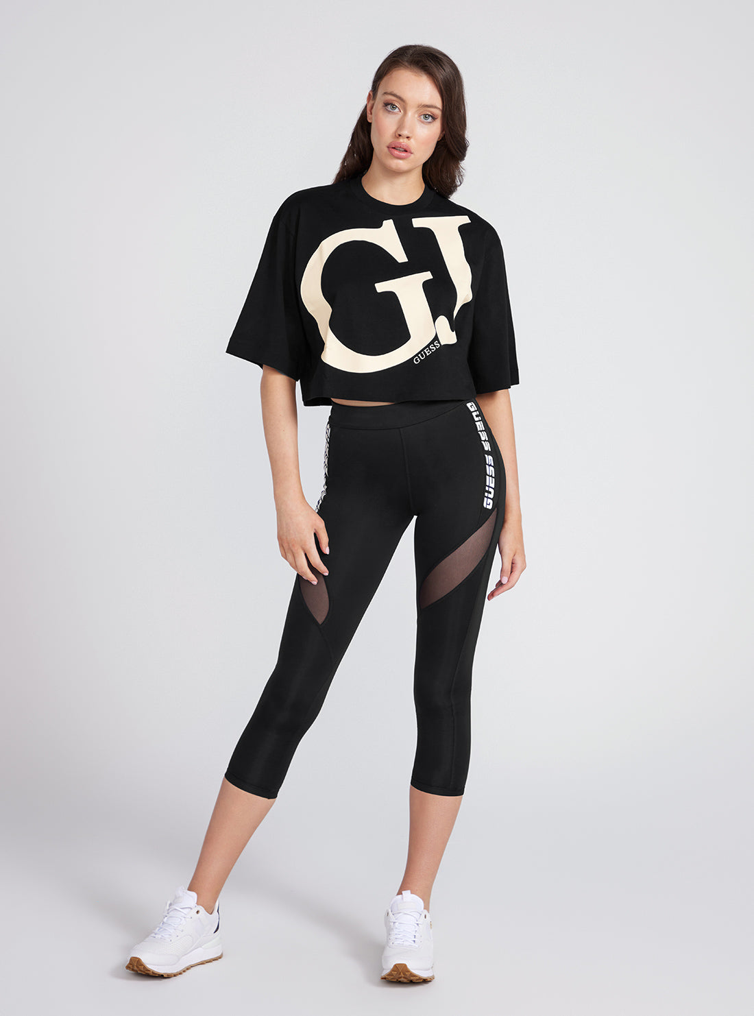 Black GJ Logo Kimono Active Crop T-Shirt | GUESS Women's Activewear | full view