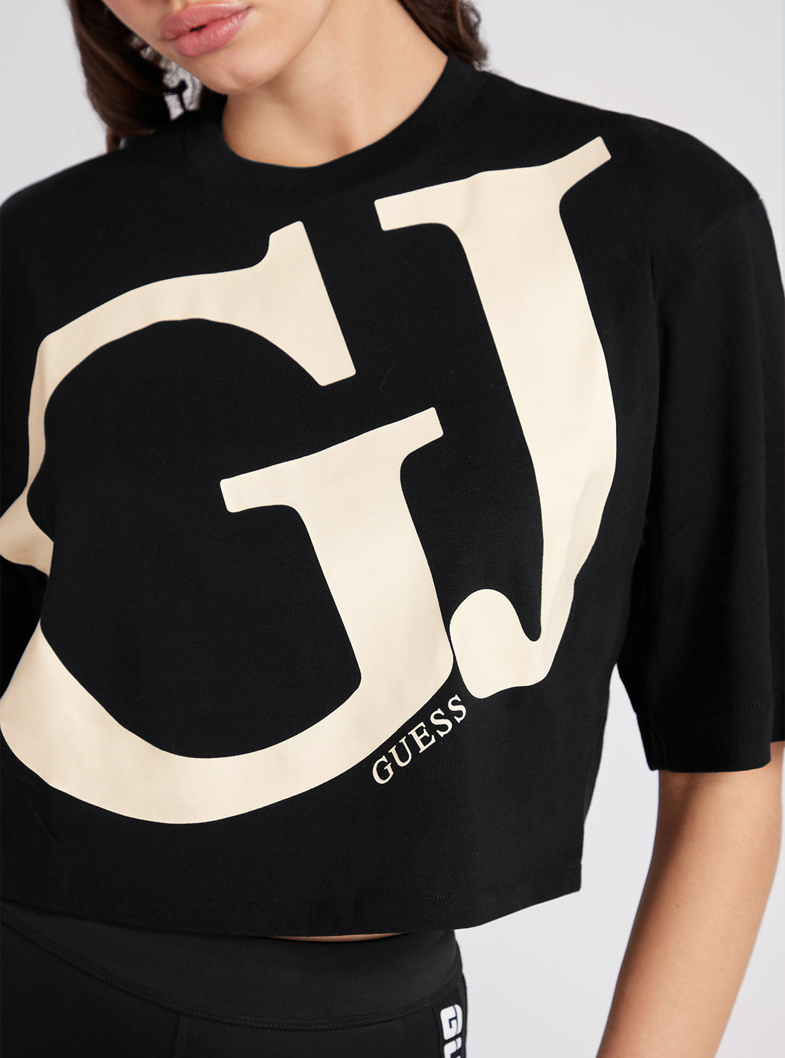 Black GJ Logo Kimono Active Crop T-Shirt | GUESS Women's Activewear | detail view