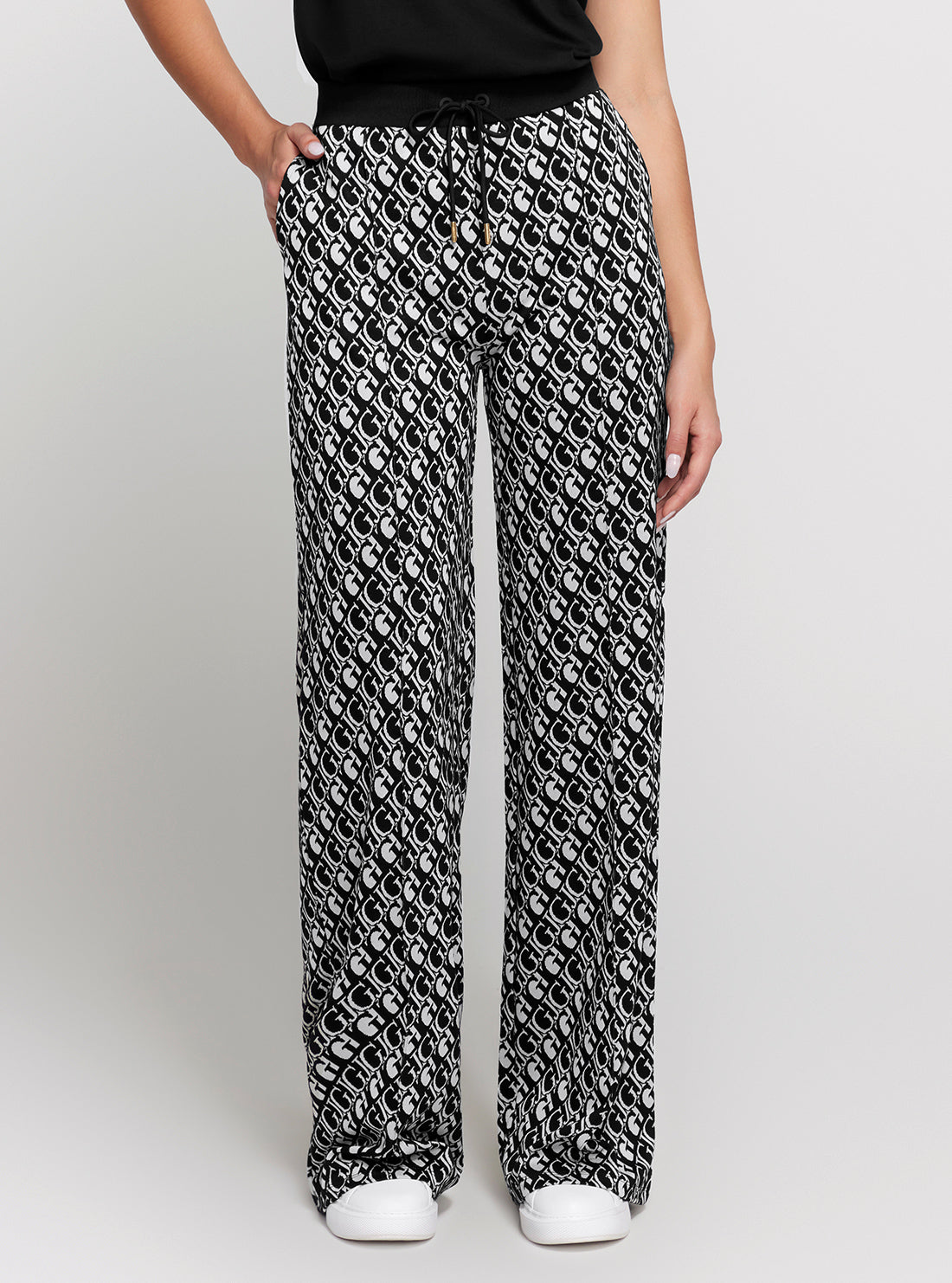 GUESS Black White Logo Straight Long Pant front view