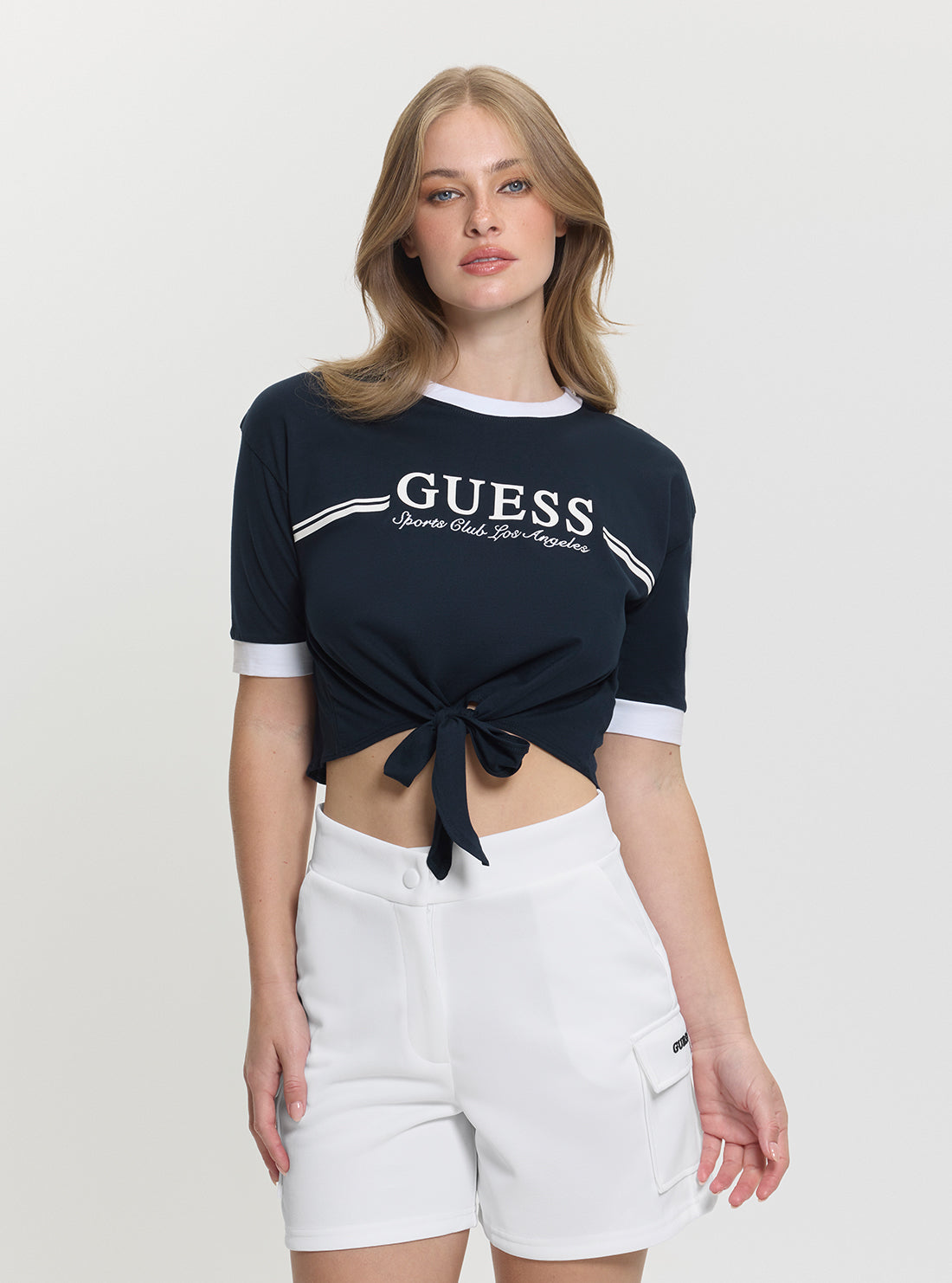 GUESS Womens Blue Front Knot Logo T-Shirt V5GI05I3Z14 Front View