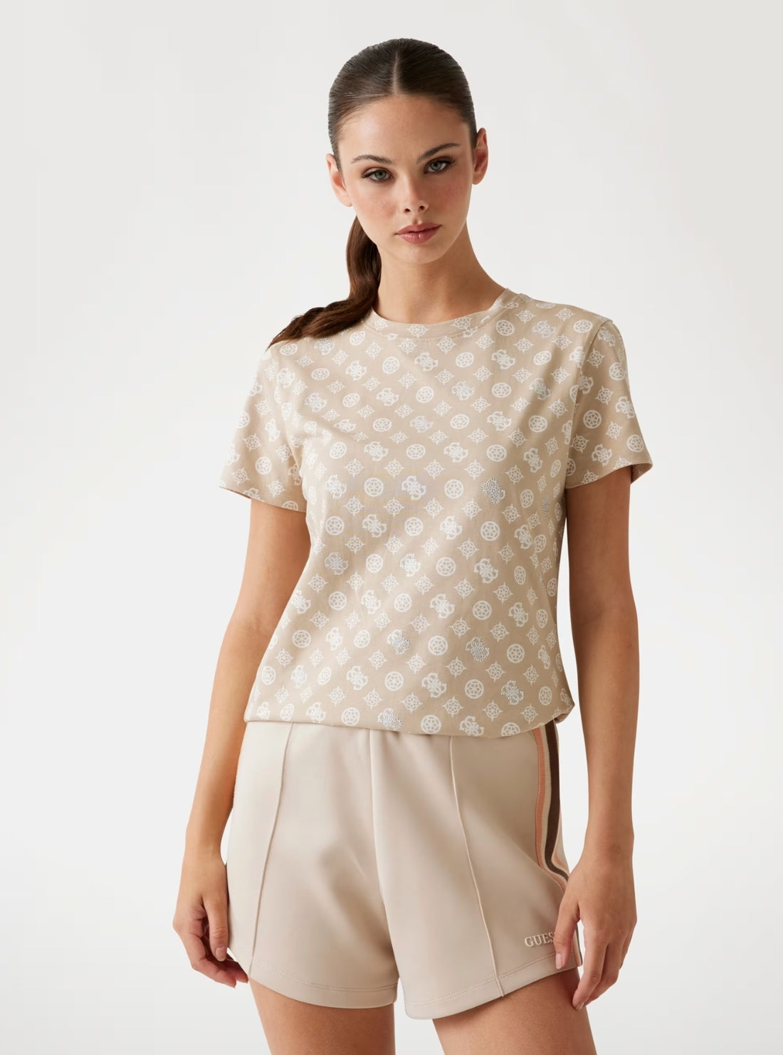 GUESS Womens Eco Beige Gloria Peony Active T-Shirt V5YI04I3Z14 Front View