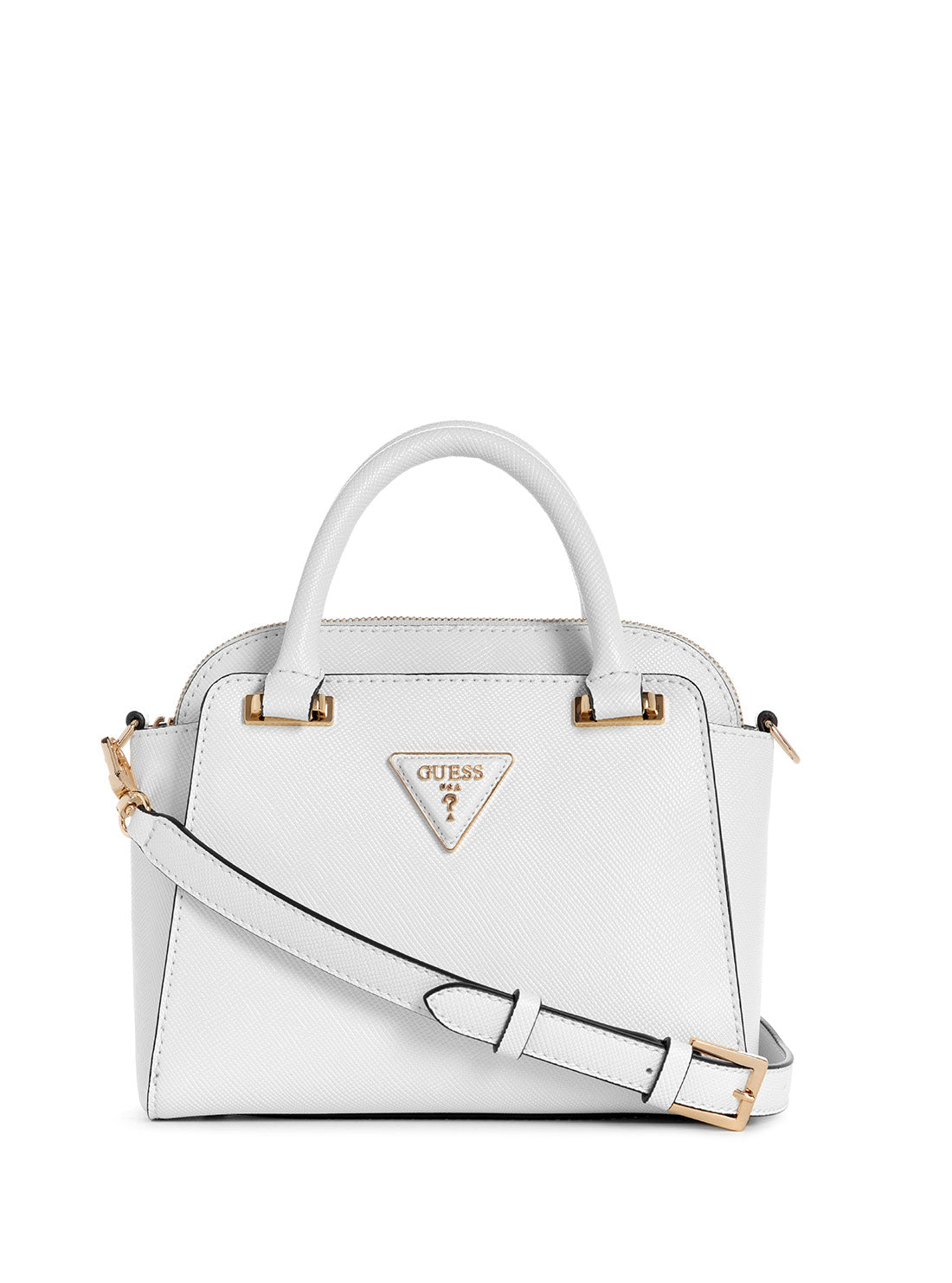 GUESS White Avis Small Satchel Bag front view