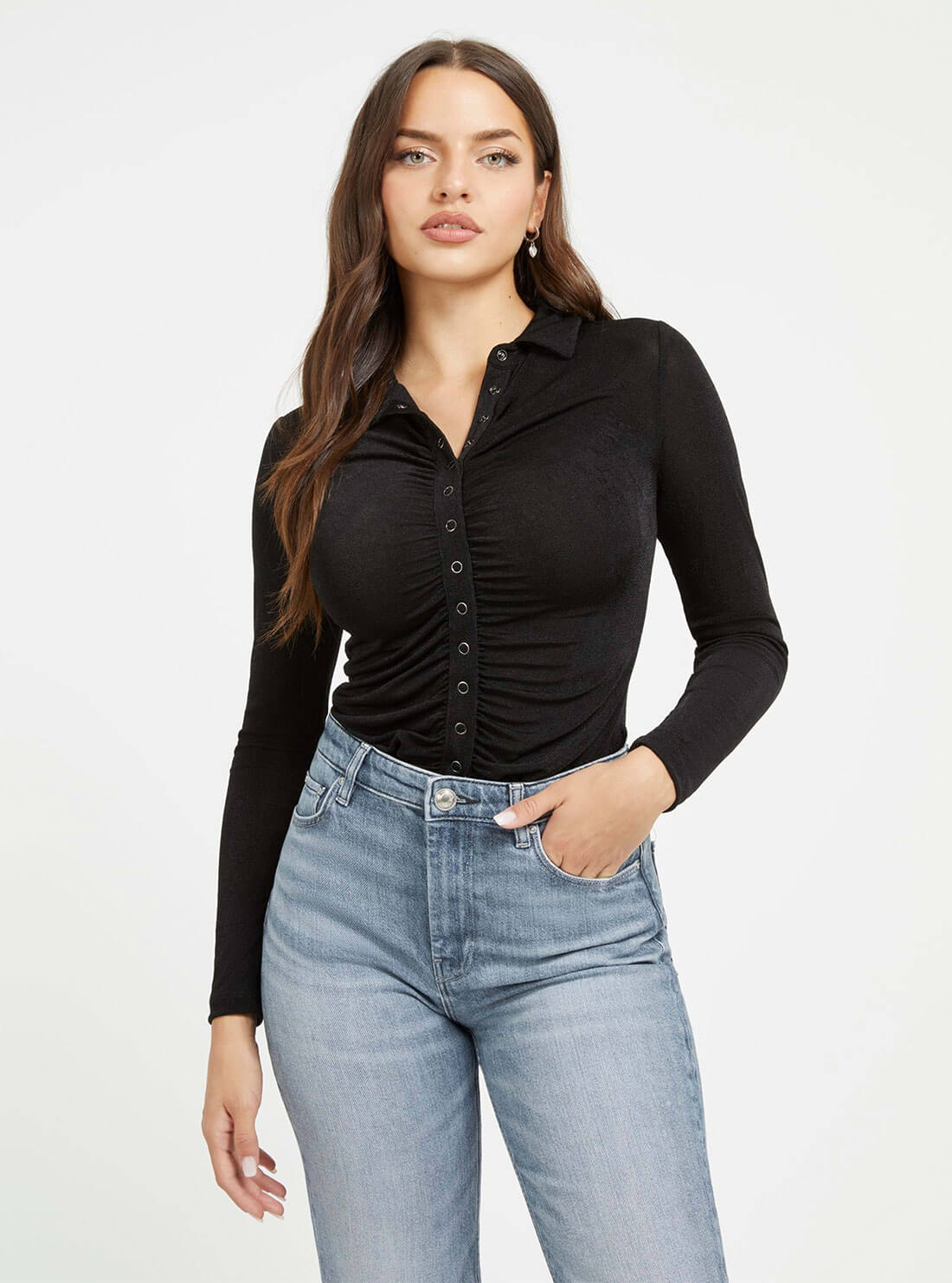 Black Milana Long Sleeve Top | GUESS Women's Apparel | front view