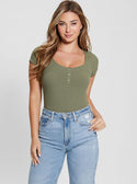 GUESS Eco Khaki Green Karlee Jewel Henley T-Shirt front view
