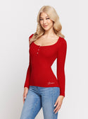 GUESS Red Karlee Long Sleeve Button Top  front view