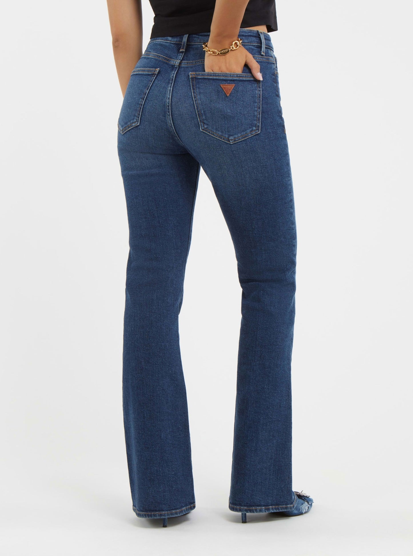 High-Rise Sexy Flare Leg Denim Jeans In Harrison Blue Wash | GUESS Women's Denim | back view